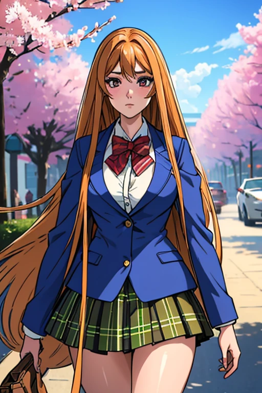 Masterpiece, beautiful art, professional artist, 8k, very detailed face, very detailed hair, 1girl, Aya-Natsume-KJ (skirt, very long hair, jacket, plaid, plaid skirt, blazer), walking the streets of Kyoto, beautiful cherry blossoms, sunset, hot, horny, aroused, blushing, thinking of her girlfriend, missing her lover, no labels, no branding, perfectly drawn body, beautiful face, very detailed eyes, rosey cheeks, intricate details in eyes, perfect fit body, beautiful body, extremely detailed, intricate details, highly detailed,  sharp focus, detailed skin, realistic skin texture, texture, detailed eyes, high resolution, kodak vision color, foto_\(ultra\), post-processing, maximum detail, roughness, real life, ultra realistic, photorealism, photography, absurdres, RAW photo, highest quality, high detail RAW color photo, professional photo, extremely detailed UHD 8k wallpaper unit, best quality, highres, (masterpiece, top quality, high resolution:1.4), photo, cinematic, film grain, sharp, soft natural light, magic photography, super detailed