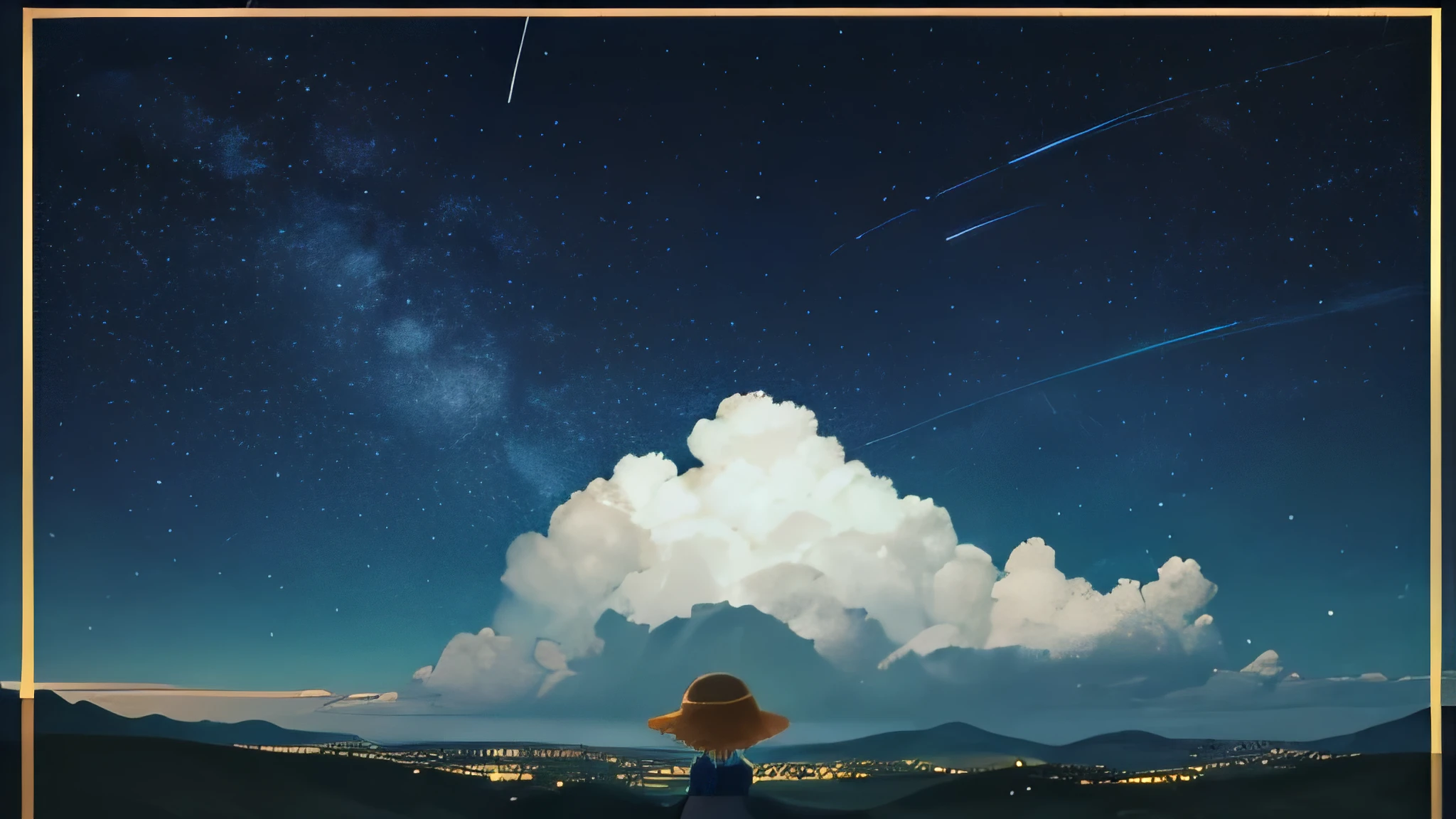 Green Mountain々、landscape、Heartwarming、The back of a boy wearing a straw hat、A boy on the right side of the screen points his hand towards the sky、Starry Sky、Night view、Overlooking the night cityscape、