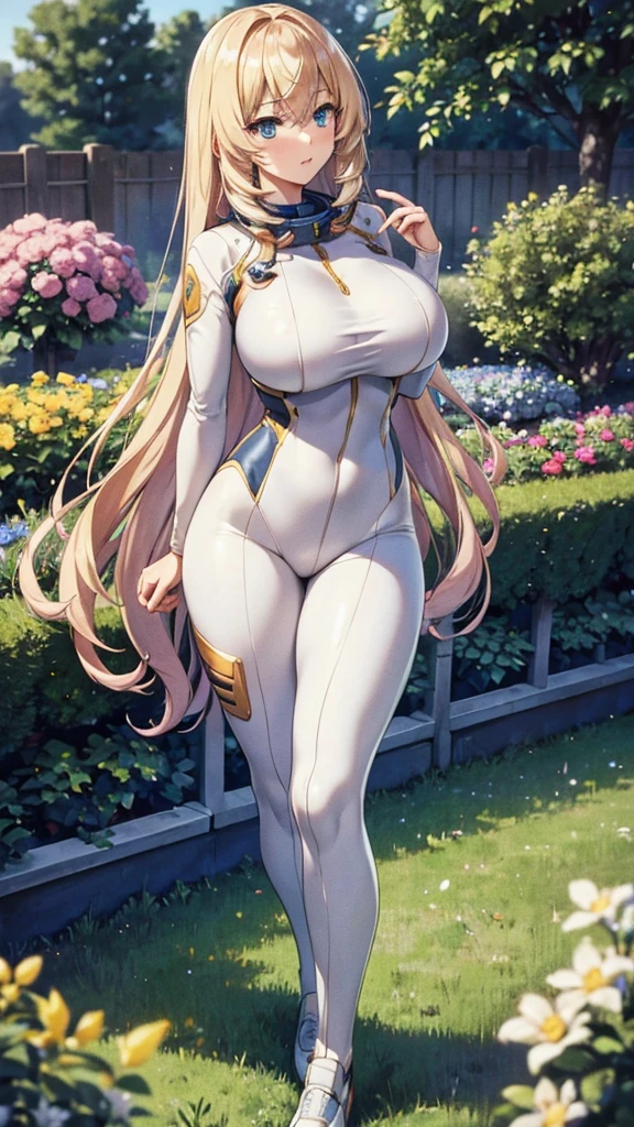 1 adult woman, very beautiful, half body photo,standing,In the garden area,astronaut suit,very big breast, blonde hair,blonde hair, blue eyes, white skin, long hair,elegant, cute, ultra detailed, ultra HD