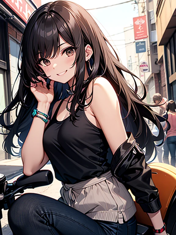 Long, straight black hair with light brown details, Light brown eyes, flequillo, delgada, buen cuerpo, pale pink tank top blouse, Tight black pants, botas negras con tacon, tom de medio cuerpo, mischievous smile, bracelet on right wrist, labios rosa, saludando, sentada en una motocicleta