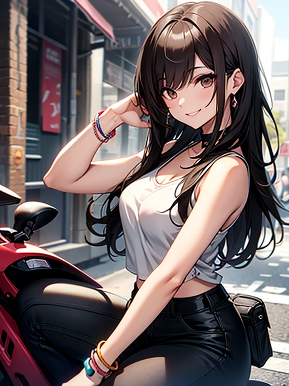 Long, straight black hair with light brown details, Light brown eyes, flequillo, delgada, buen cuerpo, pale pink tank top blouse, Tight black pants, botas negras con tacon, tom de medio cuerpo, mischievous smile, bracelet on right wrist, labios rosa, saludando, sentada en una motocicleta