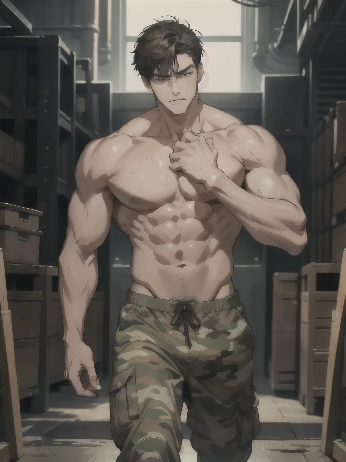 The character is a brave warrior with a burly figure, a handsome face and slender muscle lines. He was bare-chested, showing strong pectorals and firm muscles. The short-cut hairstyle highlights his resolute image.
He wears camouflage briefs and stands barefoot against an industrial background. The focus falls on his beautiful feet, highlighting the details and charm of the feet. His toes are slender and powerful, showing the correct anatomy and masculine shape.
The character shows a tired state, dripping sweat, while embodying masculinity and roughness. The entire illustration is presented with the highest detail and exceptional quality, and the natural lighting creates a beautiful and sexy atmosphere. The good composition accentuates the focus of his feet, creating an angle of looking up.