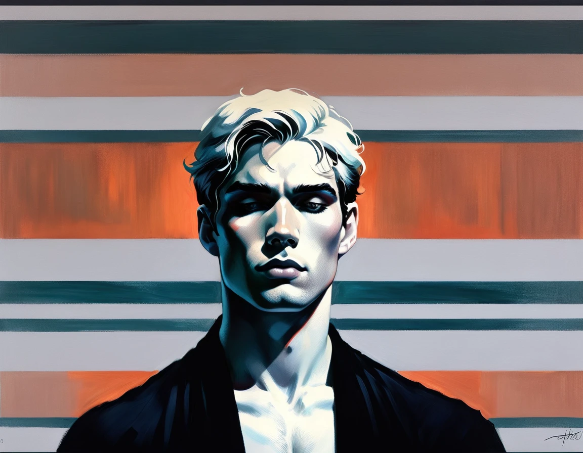 chiaroscuro technique on sensual illustration of an arafed man in white underwear, sexy masculine, diego fazio, male model, by Ludovit Fulla, model with attractive body, inspired by Ludovit Fulla, mid-shot of a hunky, the model draped in flowing, thick oil painting by Harumi Hironaka, extremely soft colors, vibrant, highly detailed, malcolm liepke painting, oil on canvas, high contrast, dramatic, refined, tonal, Create high contrast between light and shadow