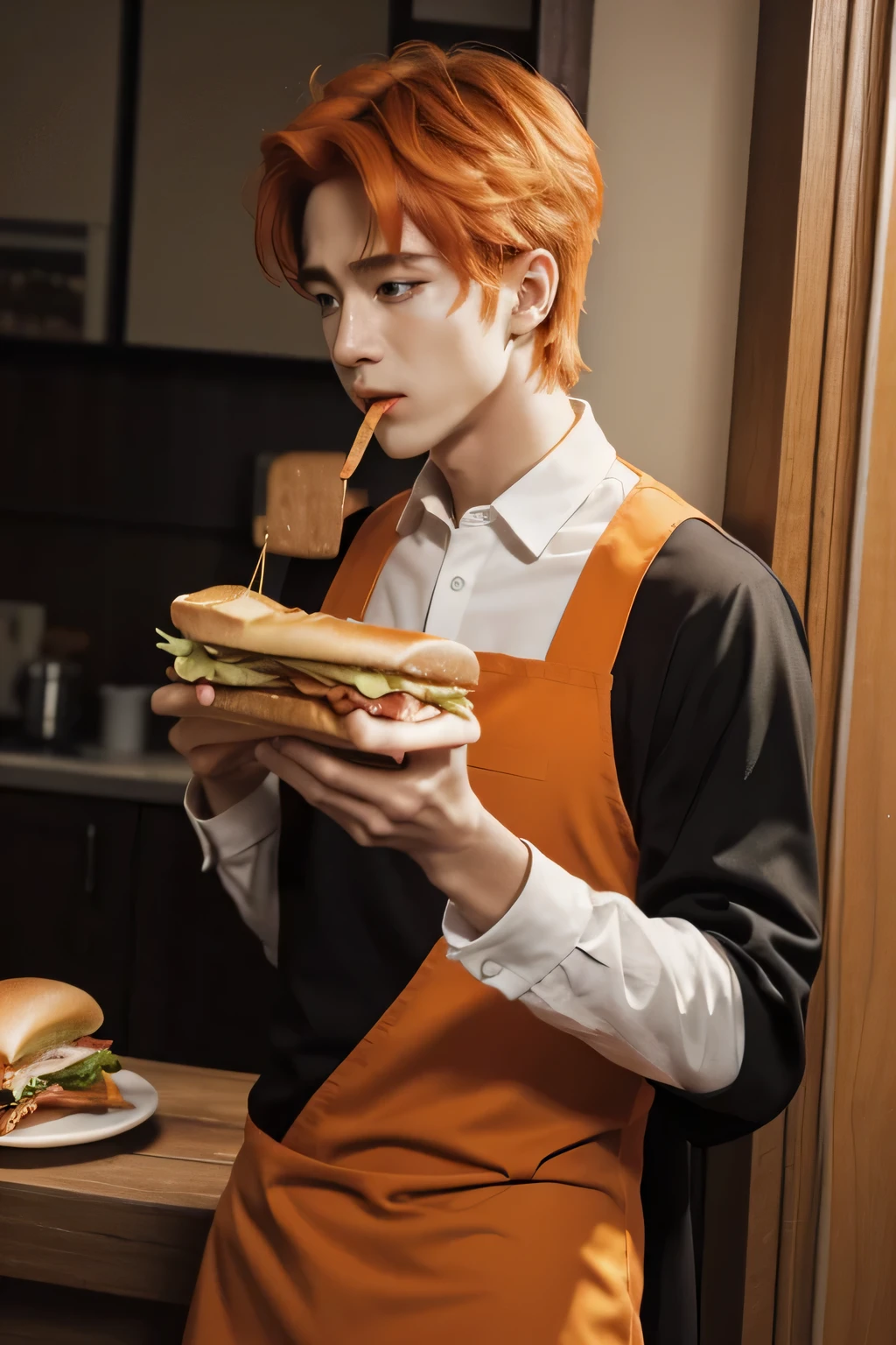 handsome male with color orange hair and dress of and eating sandwich but sad and crying