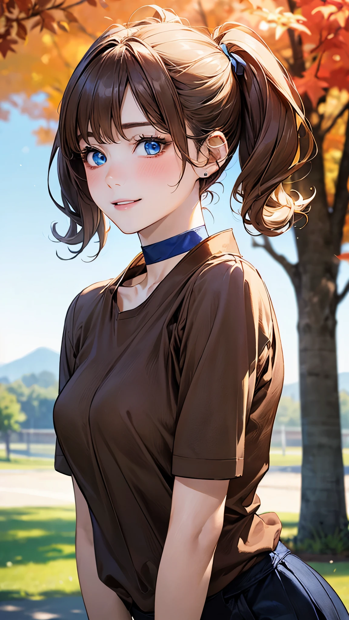 (masterpiece:1.2, top-quality), (realistic, photorealistic:1.4), beautiful illustration, (natural side lighting, movie lighting), bright colour, depth of field,
looking at viewer, (face focus, upper body), front view, 1 girl, japanese, high school girl, 25 years old, perfect face, cute and symmetrical face, white skin, shiny skin, shiny hair,
beautiful hair, beautiful face, beautiful detailed eyes, beautiful clavicle, beautiful body, beautiful chest, beautiful thigh, beautiful legs, beautiful fingers,
(short hair, twintails, sideburns:1.5, blonde hair), asymmetrical bangs, (deep blue eyes:1.3), big eyes, drooping eyes, long eye lasher, (medium breasts), slender,
(detailed cloth texture, (brown shirt:1.4), hair clips, choker),
(beautiful scenery), in a row of ginkgo trees, it is dotted with maples, (blue sky in autumn:1.4, sun light), standing, (red blush, happy smile, parted lips),