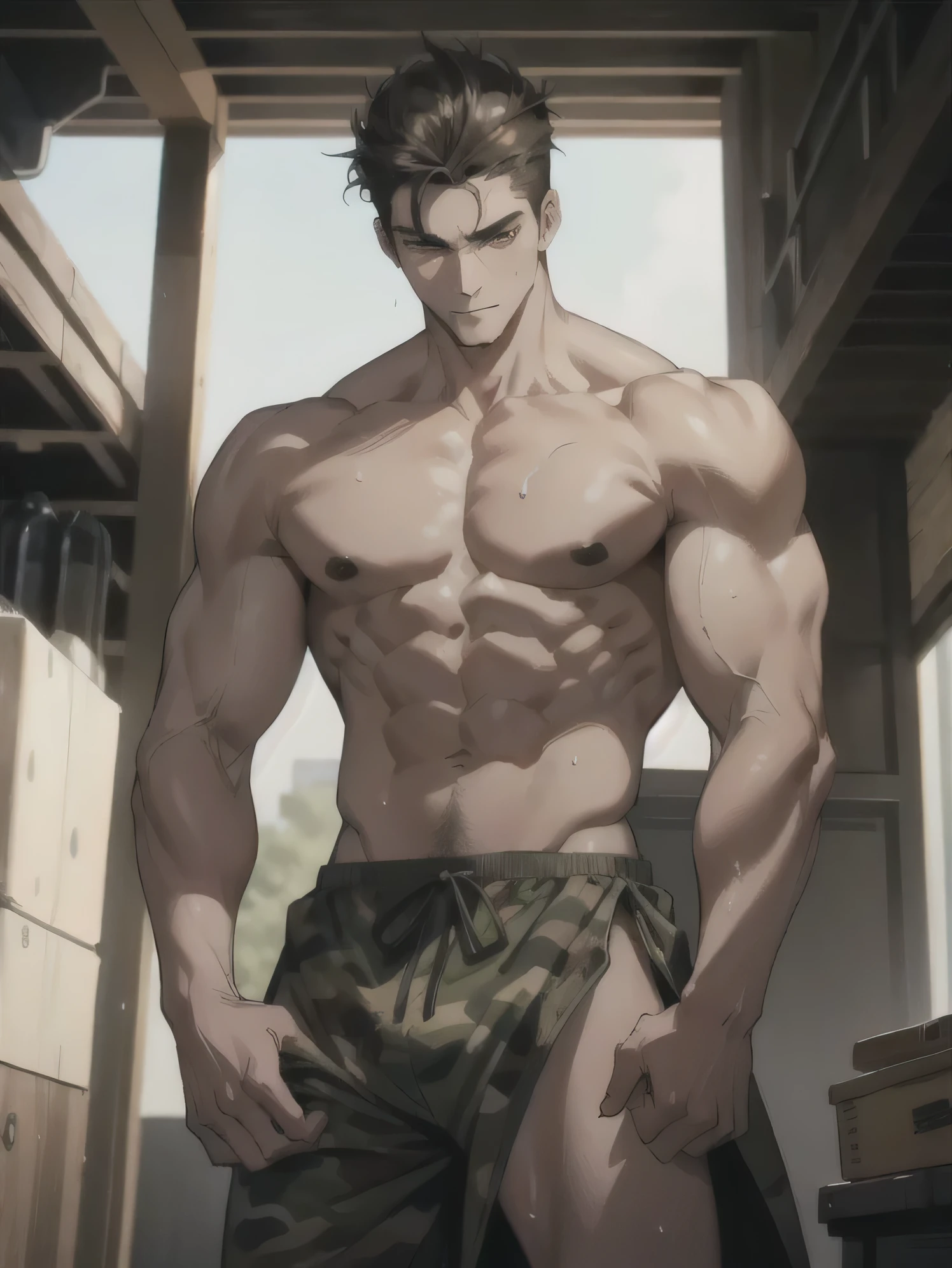 The character is a brave warrior with a burly figure, a handsome face and slender muscle lines. He was bare-chested, showing strong pectorals and firm muscles. The short-cut hairstyle highlights his resolute image.

He wears camouflage briefs and stands barefoot against an industrial background. The focus falls on his beautiful feet, highlighting the details and charm of the feet. His toes are slender and powerful, showing the correct anatomy and masculine shape.

The character shows a tired state, dripping sweat, while embodying masculinity and roughness. The entire illustration is presented with the highest detail and exceptional quality, and the natural lighting creates a beautiful and sexy atmosphere. The good composition accentuates the focus of his feet, creating an angle of looking up.