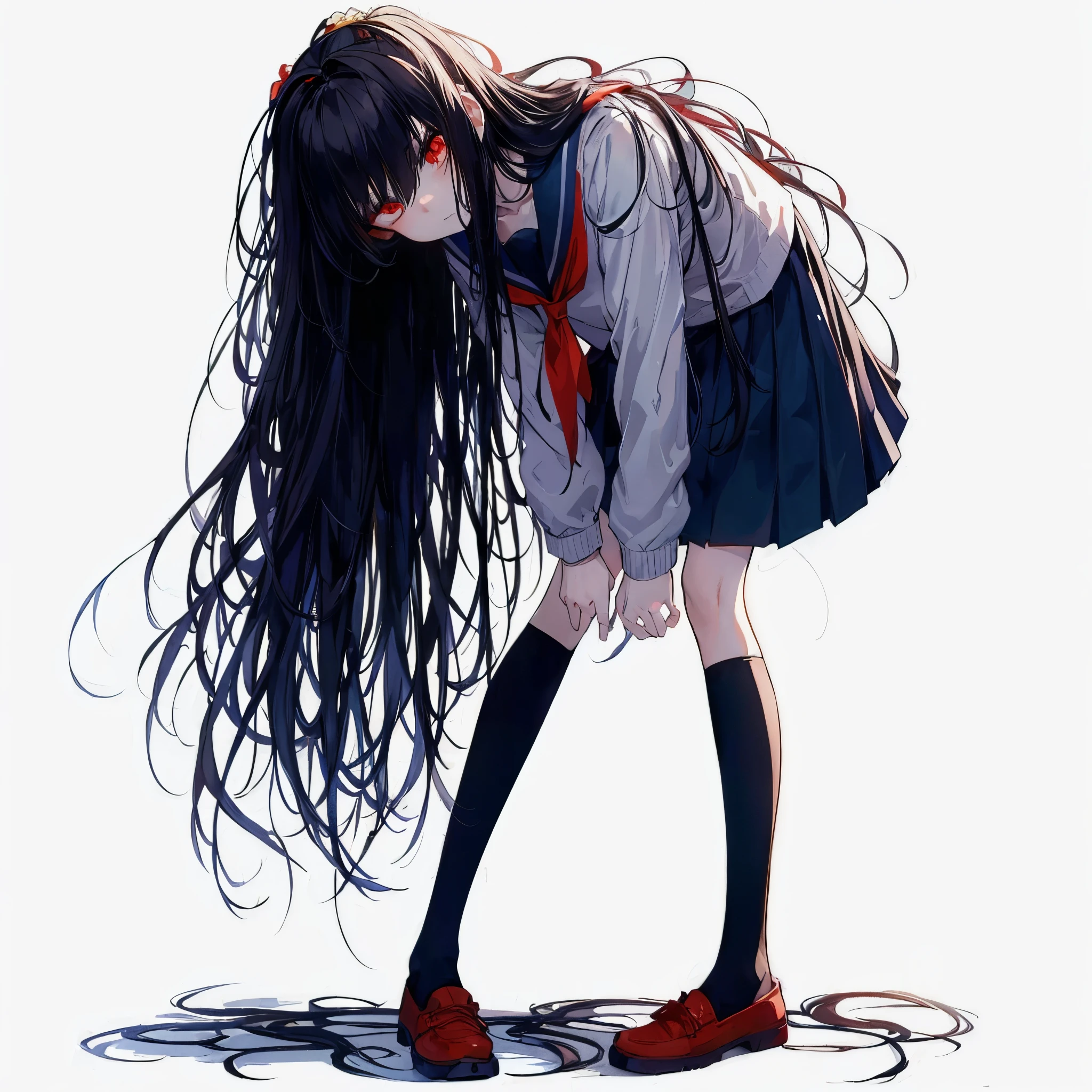 
(masterpiece, Best Quality), (detailed hairs), Ultra-detailed, Anime style, Full body, Solo, Tall, unwell girl, hunched posture, her faces diagonally forward, in simple school outfit, long shaggy black hair, slender, slim shape, beautiful and terrible, Eyes blazing with hellfire, wearing red shoes, standing in wasted school, 8k high resolution, white background, whole body, ((Blue Archive)) ((Kenzaki Tsurugi))
