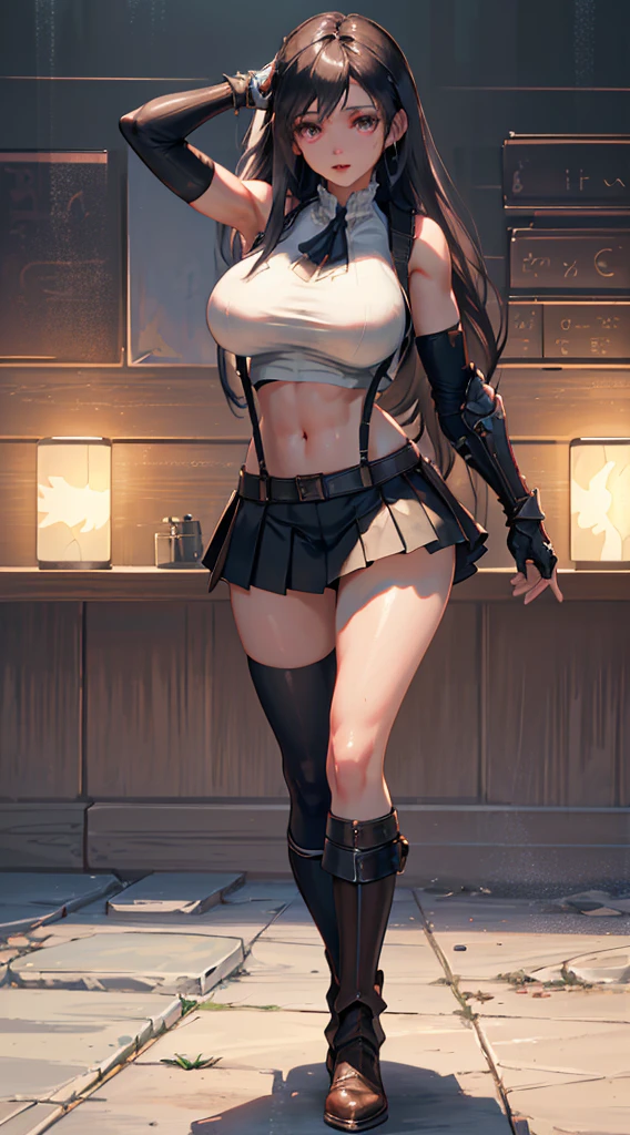 Unreal Engine 5 Realistic Render, (masterpiece, best quality), intricate details, (Best quality)), ((masterpiece)), ((realistic)), (hyperrealism:1.2), (fractal art:1.2), 
1girl, 7rtifa, crop top, arm guards, fingerless gloves, suspenders, pleated miniskirt, black thighhighs, red boots 
extreme detailed eyes, colorful, highest detailed, 
vibrant colors, high contrast,
(8K UHD:1.2), (photorealistic:1.2), beautiful face, top body is hyper realistic thicc muscle and hyper largest_breasts!! with the type of boobs_melons, lower is huge buttocks, wet shiny body