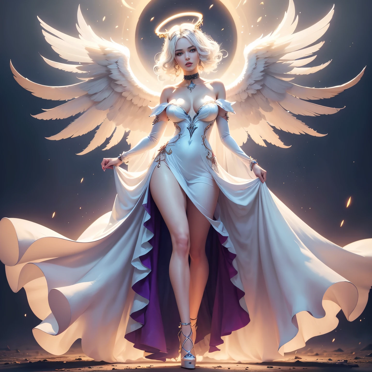 ((colorful dress, colorful theme, clothing, colorful theme, Very bright colors, Light particles)), symmetry, portrait, full body shot, accurate, 16k, highres, best quality, award winning, super detail, anatomically correct, masterpiece, retina, UHD, Ombre, Smile, Cleavage, Pure, High heels, Laces, Glitter, No bra, Offshoulder, Highly detailed facial and skin textures, Detailed eyes, Choker, Full body photoshoot, Full body, Far view, Full body in view, High heels in view, Attractive legs, Sexy legs, Tall legs, Slim figure, Dressed, (photorealistic: 1.4, clear: 1.2, perfect body: 1.4, beauty: 1.4, slim abdomen: 1.2, big breasts: 1.2, fit: 1.5, full-body shot: 1.4, random hairstyles: 1.2),((full body female angel, shining halo over head, extremely bright halo, halo)), 1 angel girl, shining wings, shining halo, exquisite headdress, beautiful female angel, large wings, white hair, white wings, on clouds, beautiful angel, attractive angel, clouds, glowing eyes
