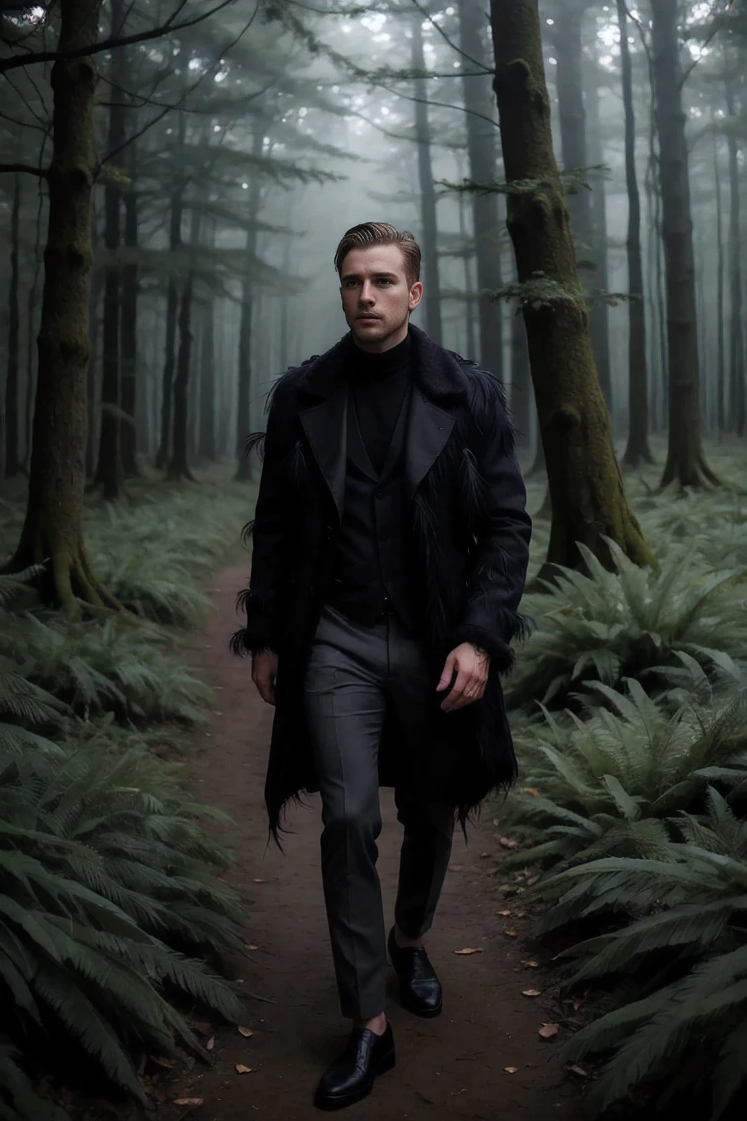 handsome man,alone,Casual wear,feather coat,Dutch corner ,Darkness Forest