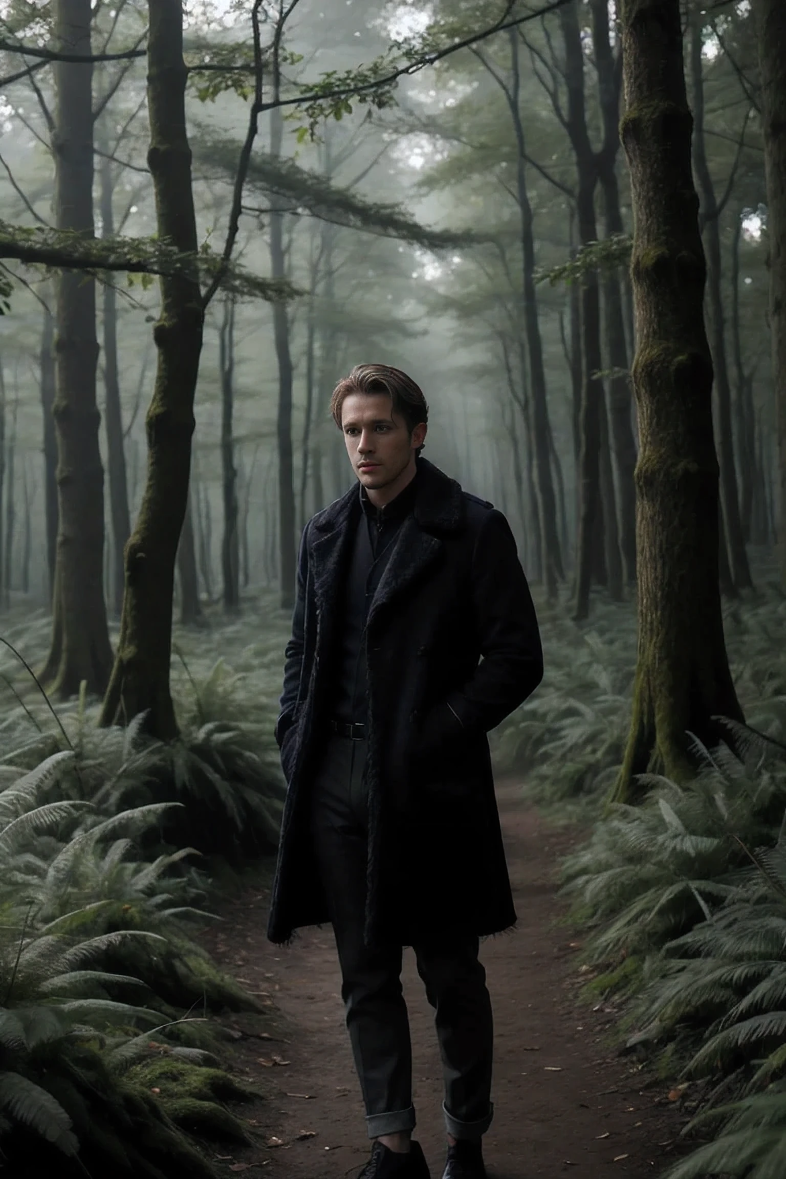 handsome man,alone,Casual wear,feather coat,Dutch corner ,Darkness Forest