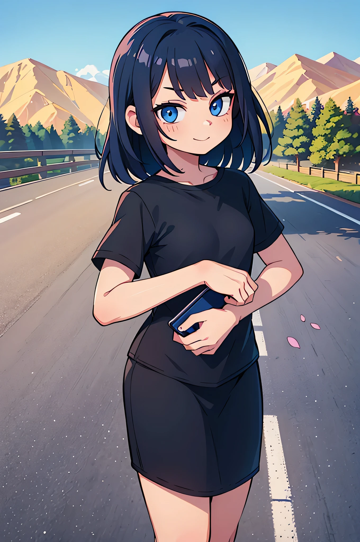 (Ultra bright color, Masterpiece, Best quality, blossom, Warm, soft light, modern, Hi-tech), 1 girl, One, standing tall, full length, truck at high speed forward, (road background:1.4), black T-shirt without print, beautiful detailed face, slight smile, (blue) Medium hair, (detailed (blue) Ruby eyes), young, small breasts