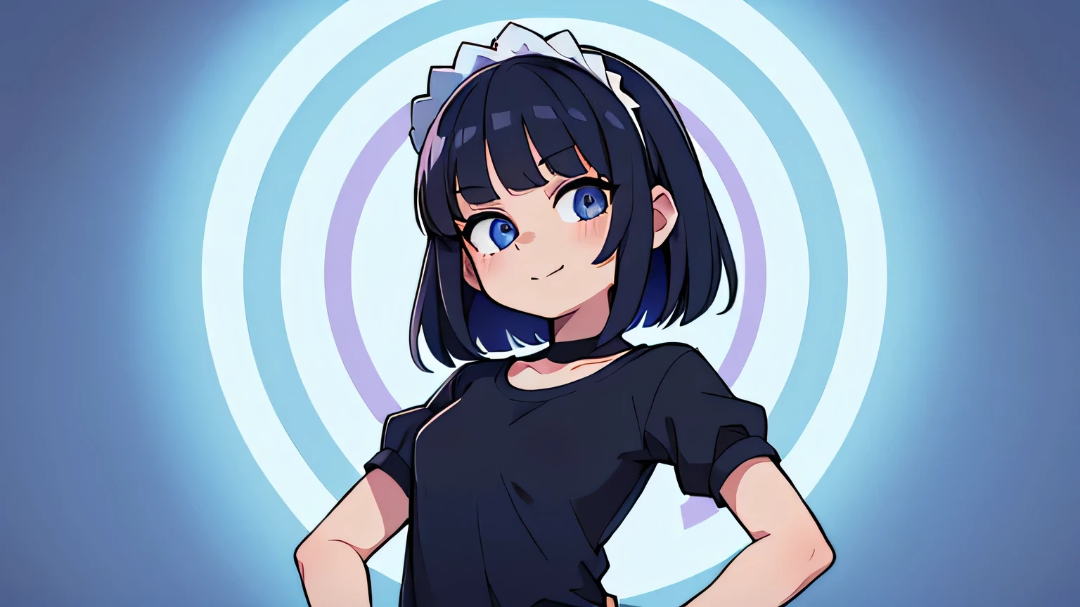 (Ultra bright color, Masterpiece, Best quality, blossom, Warm, soft light, modern, Hi-tech), 1 girl, One, standing tall, full length, maid clothes (background:1.4), black T-shirt without print, beautiful detailed face, slight smile, (blue) Medium hair, (detailed (blue) Ruby eyes), young, small breasts