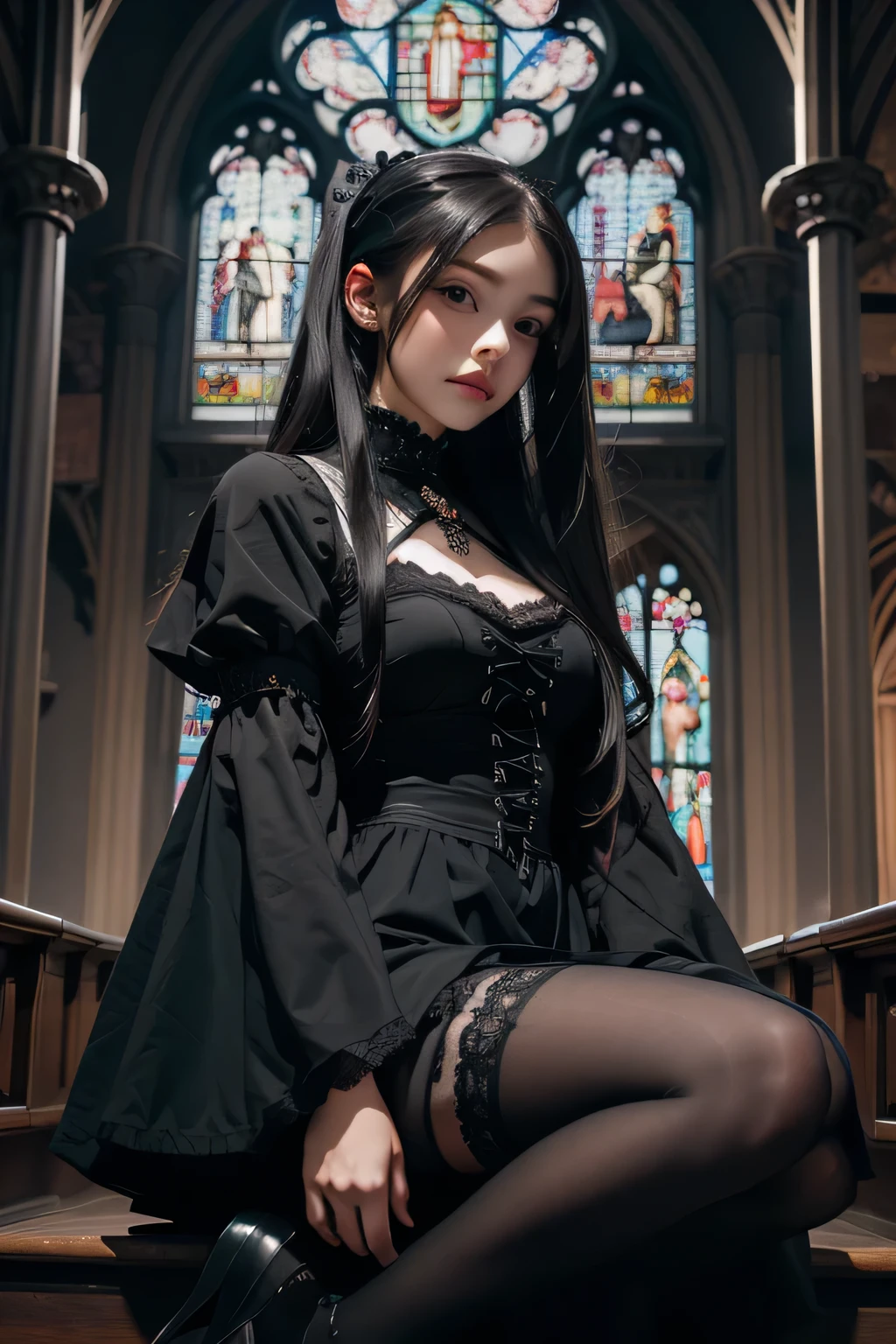 Beautiful 20 year old woman、 A peerless beauty, Extraordinary beauty, Enchanting, Dark Gothic Makeup, Bell Sleeves、Wizard Sleeve, Black maid outfit、Dark Gothic、Long dresses、Gothic ta, garter belt、Knee-high socks、pantyhose, Twin tails、Black dark eyeshadow、Visual Lock、Good skin radiance、Lace pink、Long Hair Straight Hair、Dark Gothic Makeup, Black hair color, Looking up from below, Deep Night Sky, Inside the church, Stained Glass Background, masterpiece, 最high quality, high quality, High resolution, Various poses with movement, (Gothic Loli