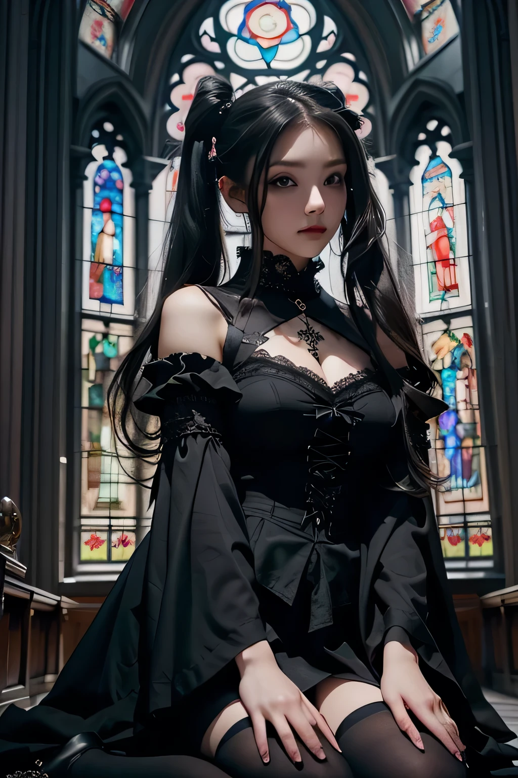 Beautiful 20 year old woman、 A peerless beauty, Extraordinary beauty, Enchanting, Dark Gothic Makeup, Bell Sleeves、Wizard Sleeve, Black maid outfit、Dark Gothic、Long dresses、Gothic Lolita, garter belt、Knee-high socks、pantyhose, Twin tails、Black dark eyeshadow、Visual Lock、Good skin radiance、Lace pink、Long Hair Straight Hair、Dark Gothic Makeup, Black hair color, Looking up from below, Deep Night Sky, Inside the church, Stained Glass Background, masterpiece, 最high quality, high quality, High resolution, Various poses with movement, (Gothic Lolita),