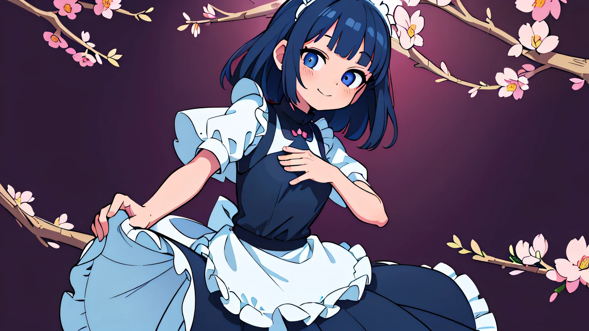 (Ultra bright color, Masterpiece, Best quality, blossom, Warm, soft light, modern, Hi-tech), 1 girl, One, standing tall, full length, maid clothes (background:1.4), black T-shirt without print, beautiful detailed face, slight smile, (blue) Medium hair, (detailed (blue) Ruby eyes), young, small breasts