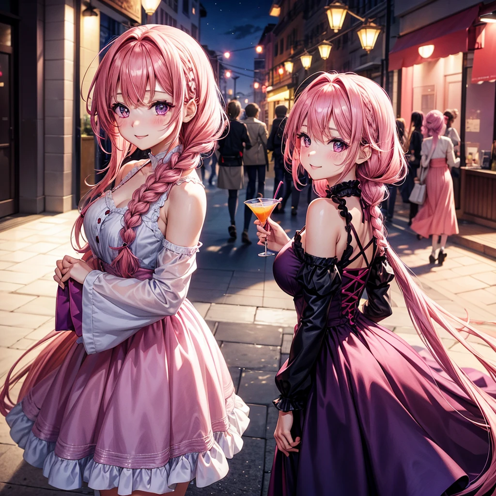 anime art, 3 young girl,
with different emotions, full-length, pink hair, hair braided, purple eyes, red cocktail dress, light blush on her cheeks, unforgettable makeup, sweet smile, high detail, no back light
