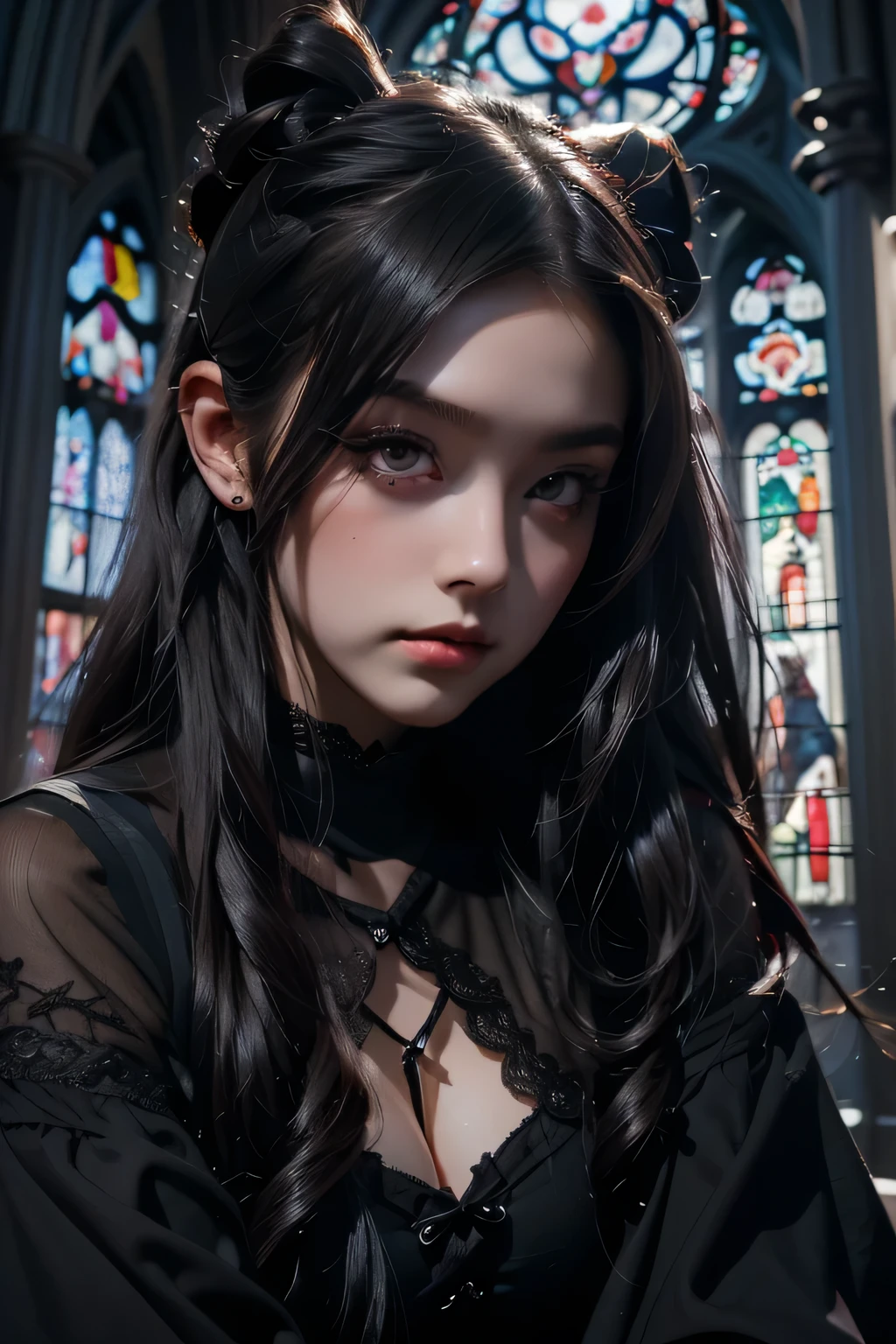 Beautiful 20 year old woman、 A peerless beauty, Extraordinary beauty, Enchanting, Dark Gothic Makeup, Bell Sleeves、Wizard Sleeve, Black maid outfit、Dark Gothic、Long dresses、Gothic Lolita, garter belt、Knee-high socks、pantyhose, Black ribbon on twin tails、Black dark eyeshadow、Visual Lock、Good skin radiance、Lace pink、Long Hair Straight Hair、Dark Gothic Makeup, Black hair color, Deep Night Sky, Inside the church, Stained Glass Background, masterpiece, 最high quality, high quality, High resolution, Gothic Lolita, Plump thighs, (((Face close-up)))