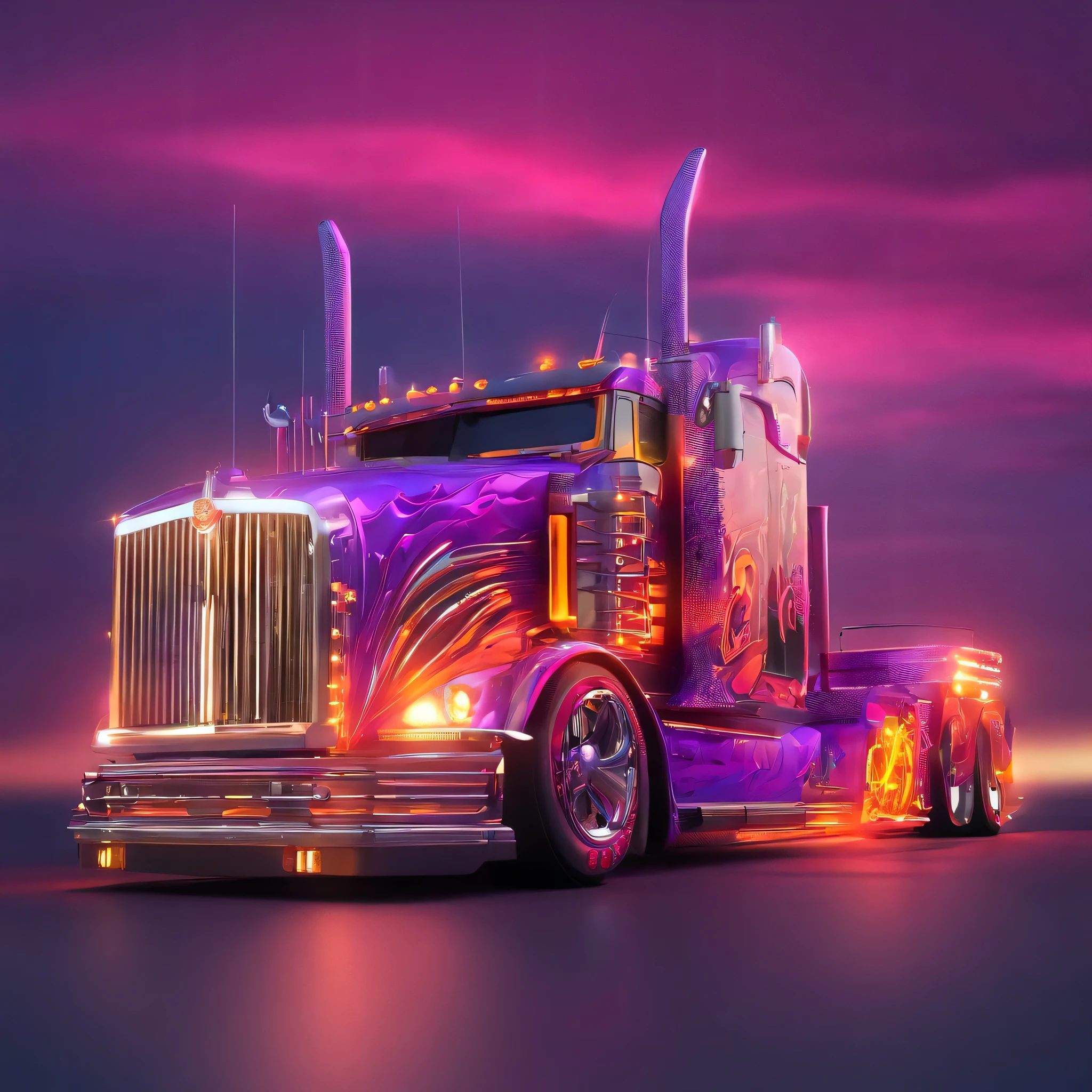 'TruckersRule' Show Trucks:
Outstanding Harley Davidson Purple Flames and Smoke Lighting Scheme. Great graphics. The chassis hugs the road, emphasizing stability. Custom rims spin smoothly, neon lighting.
'Truckers_Rule' Trucks are a highway dream of beauty with matching trailers as well, fantastic, landscape, side view, low angle, in the style of surrealism reflections