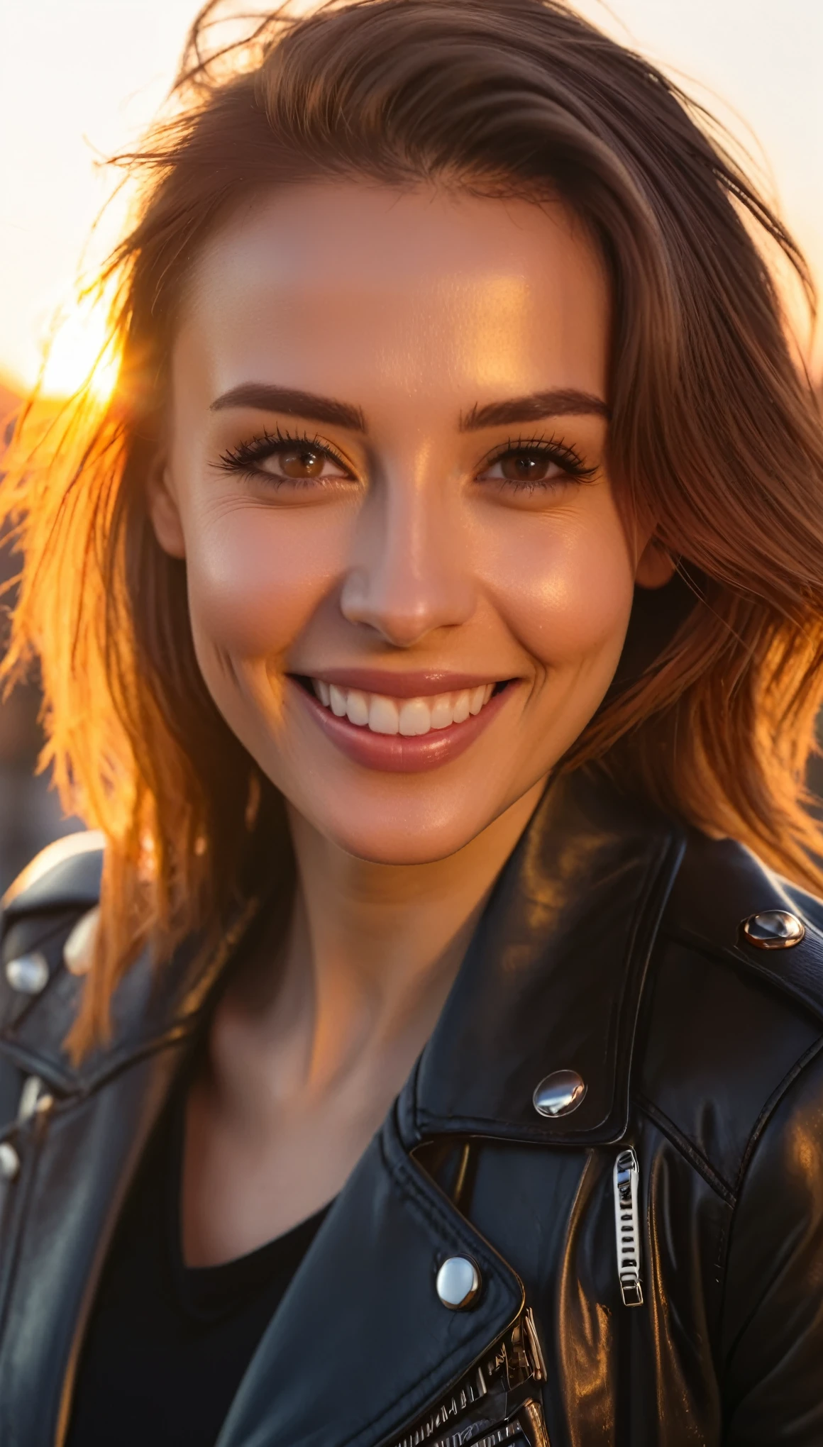 Close-up of smiling woman in leather jacket, soft portrait shot 8k, beautiful face with backlight, Sunset lighting 8K, at golden hour, 8K Artgerm bokeh, Anton Fadeev 8k, shining golden hour, with sunset, radiant smile. ultra wide shot, at golden hour, at golden hour
