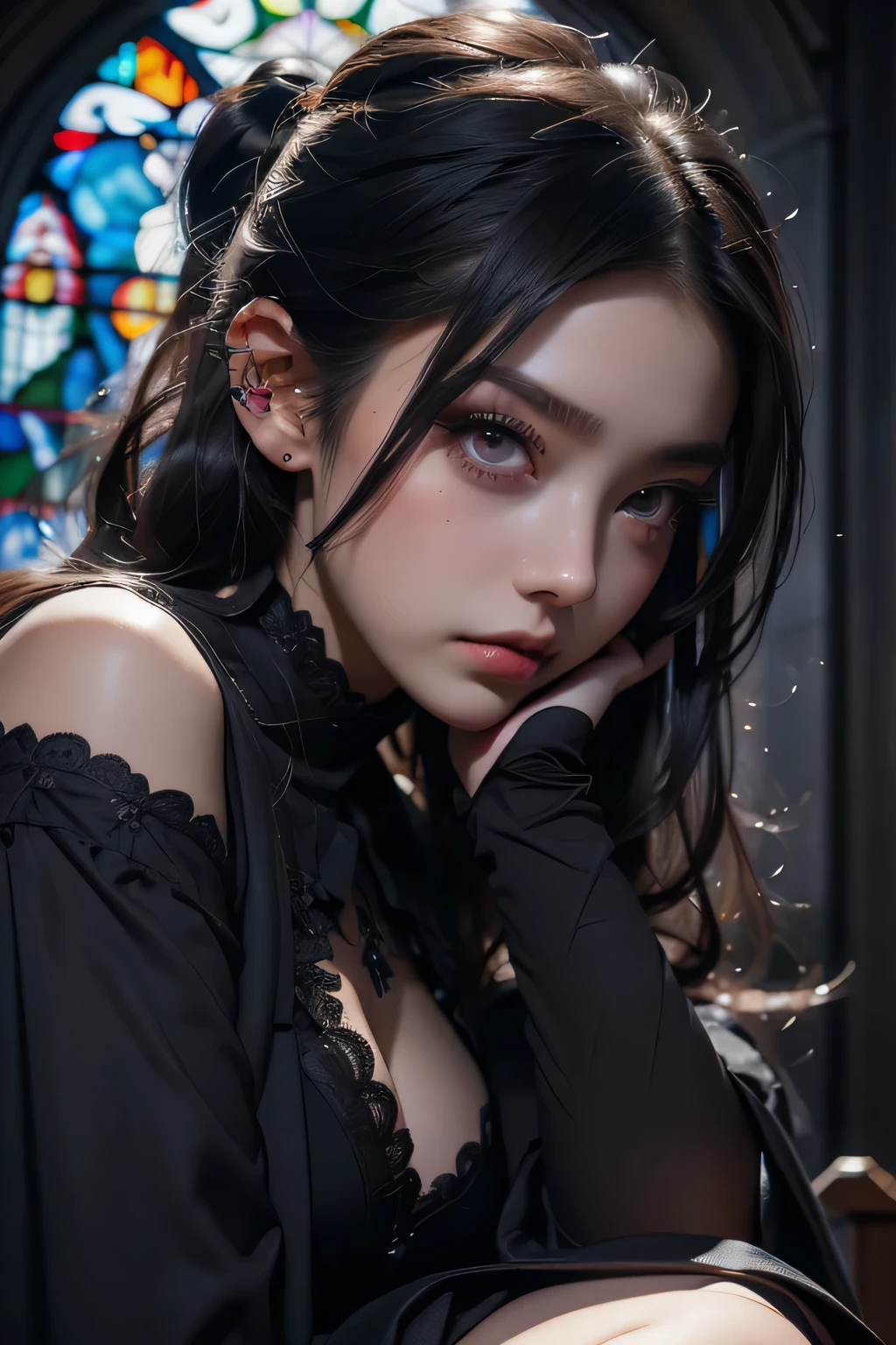 Beautiful 20 year old woman、 A peerless beauty, Extraordinary beauty, Enchanting, Dark Gothic Makeup, Bell Sleeves、Wizard Sleeve, Black maid outfit、Dark Gothic、Long dresses、Gothic Lolita, garter belt、Knee-high socks、pantyhose, Black ribbon on twin tails、Black dark eyeshadow、Visual Lock、Good skin radiance、Lace pink、Long Hair Straight Hair、Dark Gothic Makeup, Black hair color, Deep Night Sky, Inside the church, Stained Glass Background, masterpiece, 最high quality, high quality, High resolution, Gothic Lolita, Plump thighs, (((Face close-up)))