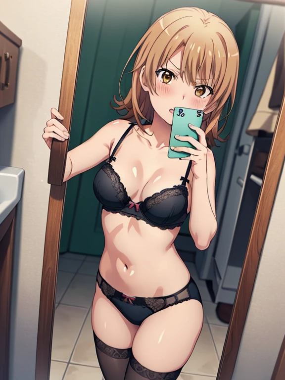 ((masutepiece, Best Quality, hight resolution, nffsw, Perfect Pixel, depth of fields, 4K, )), 1girl in, Solo, , Beautiful anime girl, Beautiful Art Style, 
standing:1.3, bathroom background, Looking at viewer. 
Perfect body, serious face, show teeth, front facing:1.4, selfie in mirror:1.5,

isshiki iroha, medium breasts, Full face blush, black stockings, black lingerie,
straight on:1.3, medium shot