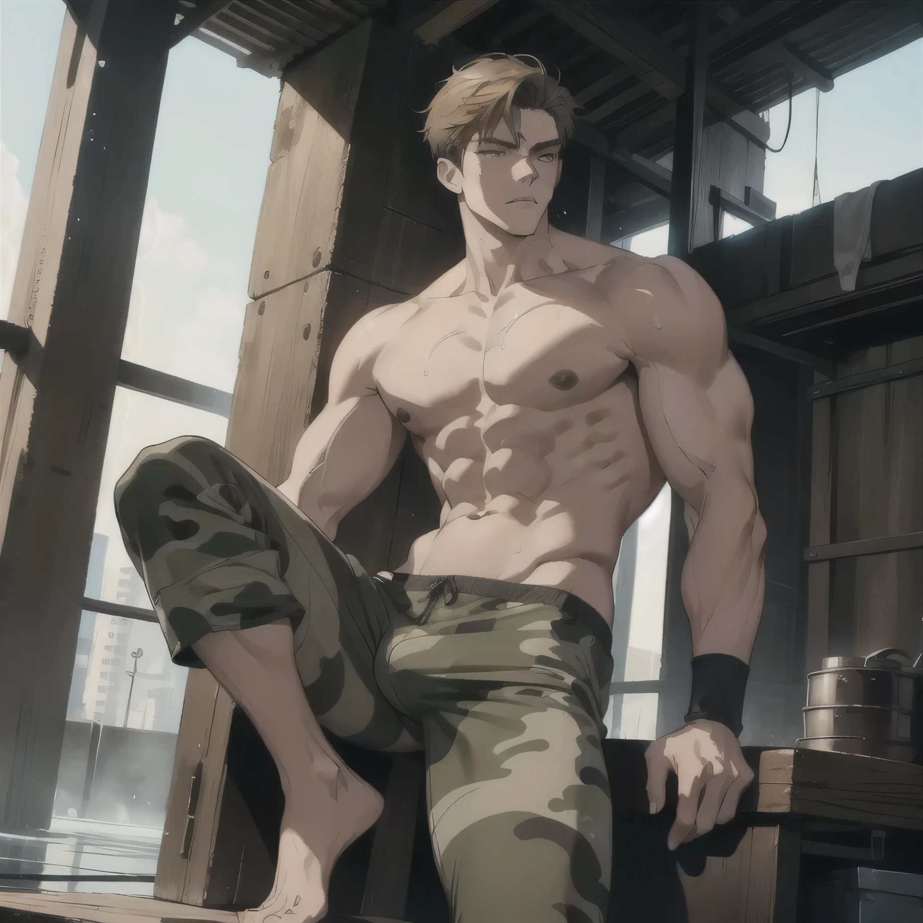 The character is a brave warrior with a burly figure, a handsome face and slender muscle lines. He was bare-chested, showing strong pectorals and firm muscles. The short-cut hairstyle highlights his resolute image.
He wears camouflage briefs and stands barefoot against an industrial background. The focus falls on his beautiful feet, highlighting the details and charm of the feet. His toes are slender and powerful, showing the correct anatomy and masculine shape.
The character shows a tired state, dripping sweat, while embodying masculinity and roughness. The entire illustration is presented with the highest detail and exceptional quality, and the natural lighting creates a beautiful and sexy atmosphere. The good composition accentuates the focus of his feet, creating an angle of looking up.