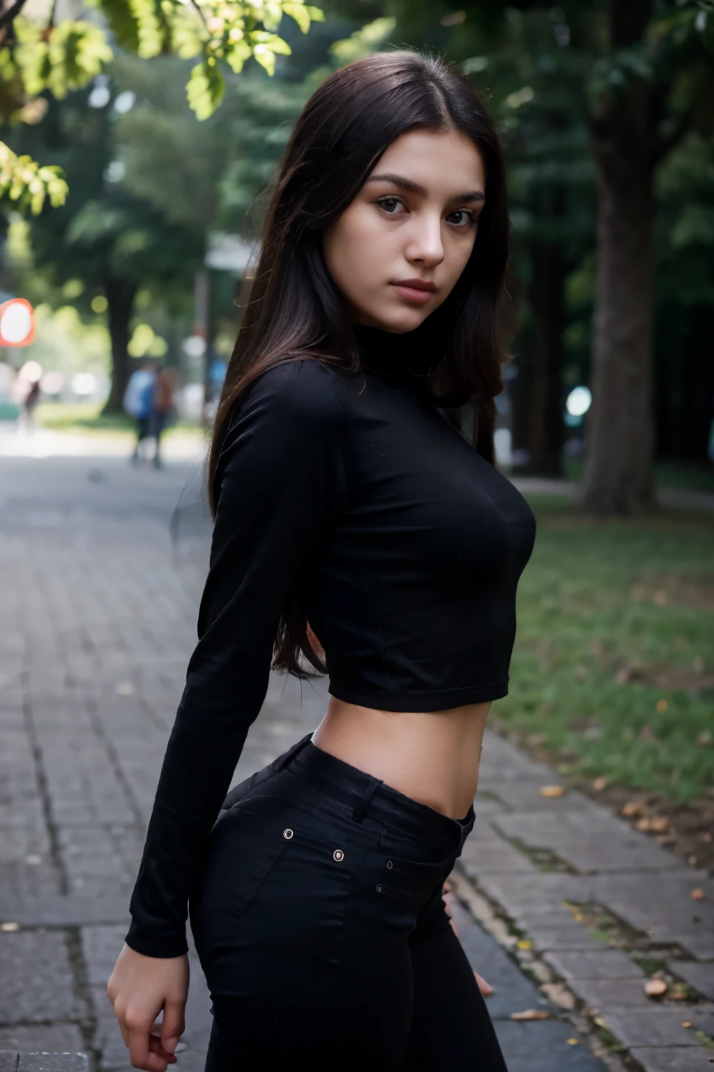 Albanian girl. Dark hair. Dark Eyes. . Young adult. Pretty body, perfect body, wearing black tight clothes, super high definition, perfect shot, Canon 5D Mark 4