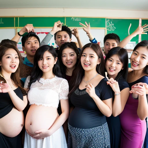 (highest quality、High resolution、Very detailed、Sharp focus:1.2)、Pregnant women、classroom、Group photo、Visible stomach、Accurate Face、belly button、20 people、Pregnant women'Big Belly、Sailor suit、、Bright colors、Portrait Lighting、