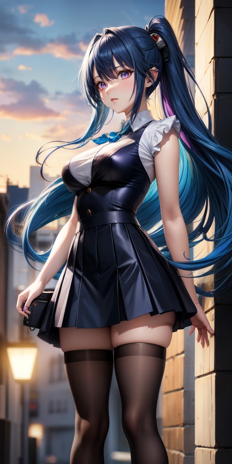 Anime Style, One girl, Blue Hair, Purple eyes, Long Hair,skirt