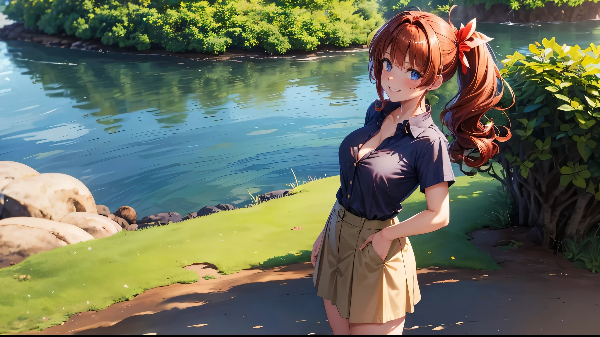 1girl, solo, full body, summer, village, trees, sun, clouds, brown and red hair, curly hair, ponytail, large breasts, button down, dark blue eyes, ((hawaii shirt)), ((unbuttoned shirt)), ((short sleeved shirt)), skirt, brown shoes, grin, looking at the viewer, standing, hair ribbon