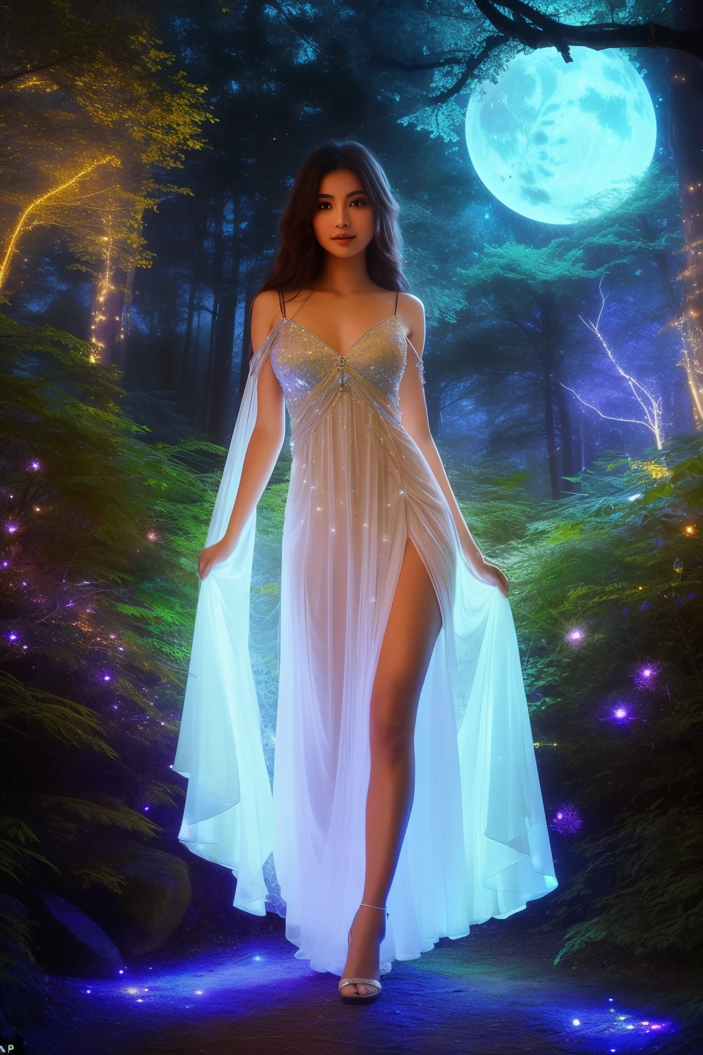 In the luminescence of the celestial tapestry, a radiant girl of extraordinary beauty emerges amidst the harmonious dance between nature and enchantment. A delicate mini dress adorned with a zipper drapes her slender frame, her rich brown tresses cascading softly over her shoulders, captivated by the ethereal glow of the dual moons above - one resplendent in scarlet, the other shimmering sapphire. The mystical forest that envelops her is illuminated by the twinkling lights of countless fireflies, creating an atmosphere of ethereal magic. Her gaze, fixed upon the camera's lens, radiates a