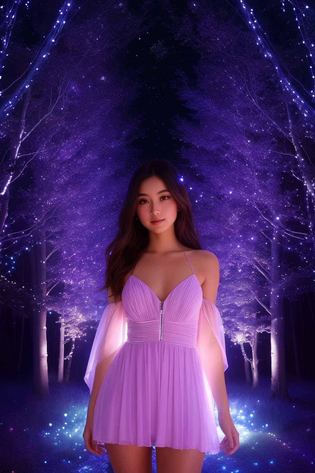 In the luminescence of the celestial tapestry, a radiant girl of extraordinary beauty emerges amidst the harmonious dance between nature and enchantment. A delicate mini dress adorned with a zipper drapes her slender frame, her rich brown tresses cascading softly over her shoulders, captivated by the ethereal glow of the dual moons above - one resplendent in scarlet, the other shimmering sapphire. The mystical forest that envelops her is illuminated by the twinkling lights of countless fireflies, creating an atmosphere of ethereal magic. Her gaze, fixed upon the camera's lens, radiates a