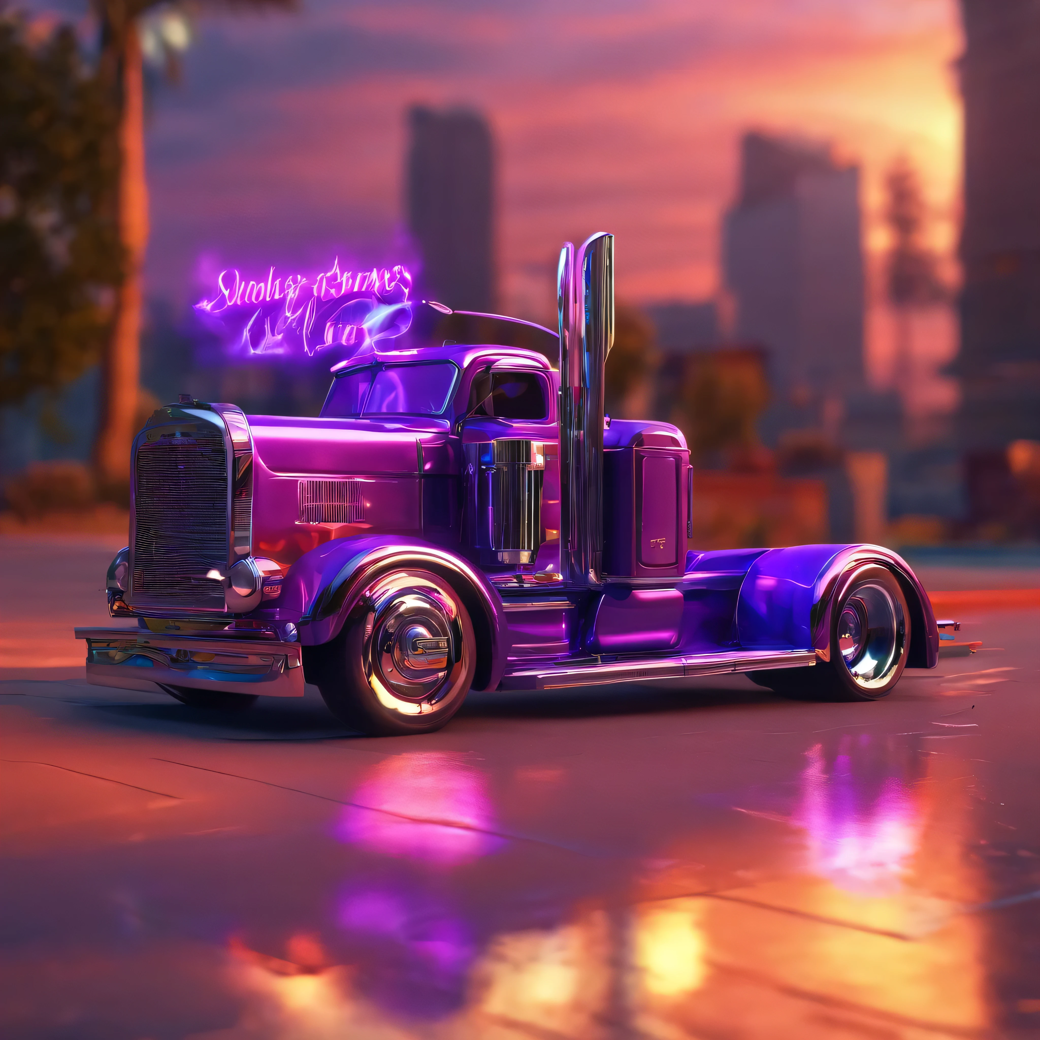 'TruckersRule' Show Trucks:
Outstanding Harley Davidson Purple Flames and Smoke Lighting Scheme. Great graphics. The chassis hugs the road, emphasizing stability. Custom rims spin smoothly, neon lighting.
'Truckers_Rule' Trucks are a highway dream of beauty with matching trailers as well, fantastic, landscape, side view, low angle, in the style of surrealism reflections