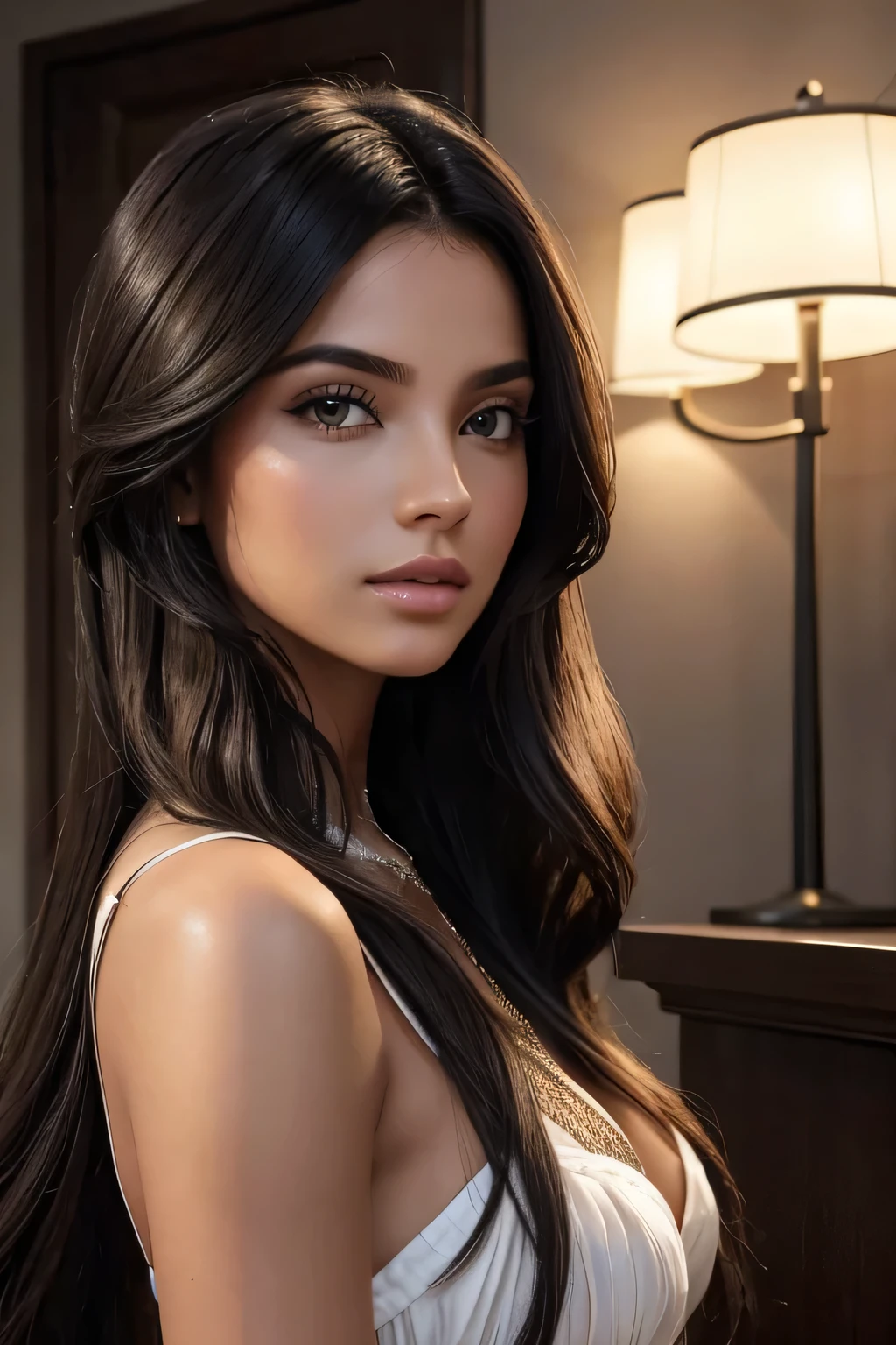 cabelo:Cor: Silky black ebony.comprimento: cai graciosamente em seus ombros.estilo: Natural waves that add a touch of effortless elegance.tez:Aria ostenta um brilho radiante, tez mocha quente, capturing a perfect balance between richness and luminosity.olhos:forma: almond-shaped, com uma mistura hipnotizante de profundidade e expressividade.Cor: Reflete um profundo, tom emocionante de marrom.Nariz:Aria&#39;s nose is delicate, recurso esculpido, contributing to the overall harmony of your facial aesthetics.lips:forma: completo, with a natural pout that exudes confidence and a touch of mystery.face:forma: Aria&#39;s face carries the elegance of an oval shape, fornecendo uma tela para seus recursos cativantes.expression: His features reflect a subtlety, Always present warmth and a touch of fun.tipo de corpo:Aria&#39;s AI model embodies a slim and graceful physique, carrying an aura of sophistication and urban elegance.Traje:Aria&#39;s wardrobe is a fusion of modern urban style and futuristic flair. She effortlessly navigates between casual streetwear, vestidos chiques, e trajes que complementam sua personalidade digital.