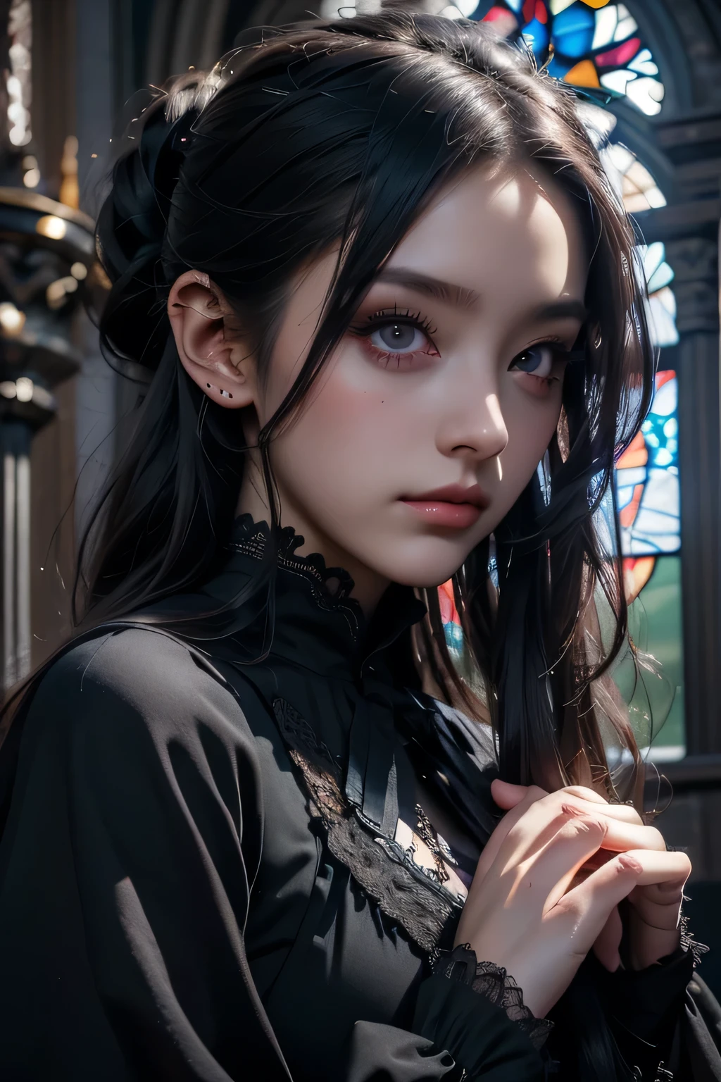 Beautiful 20 year old woman、 A peerless beauty, Extraordinary beauty, Enchanting, Dark Gothic Makeup, Bell Sleeves、Wizard Sleeve, Black maid outfit、Dark Gothic、Long dresses、Gothic Lolita, garter belt、Knee-high socks、pantyhose, Black ribbon on twin tails、Black dark eyeshadow、Visual Lock、Good skin radiance、Lace pink、Long Hair Straight Hair、Dark Gothic Makeup, Black hair color, Deep Night Sky, Inside the church, Stained Glass Background, masterpiece, 最high quality, high quality, High resolution, Gothic Lolita, (((Face close-up)))
