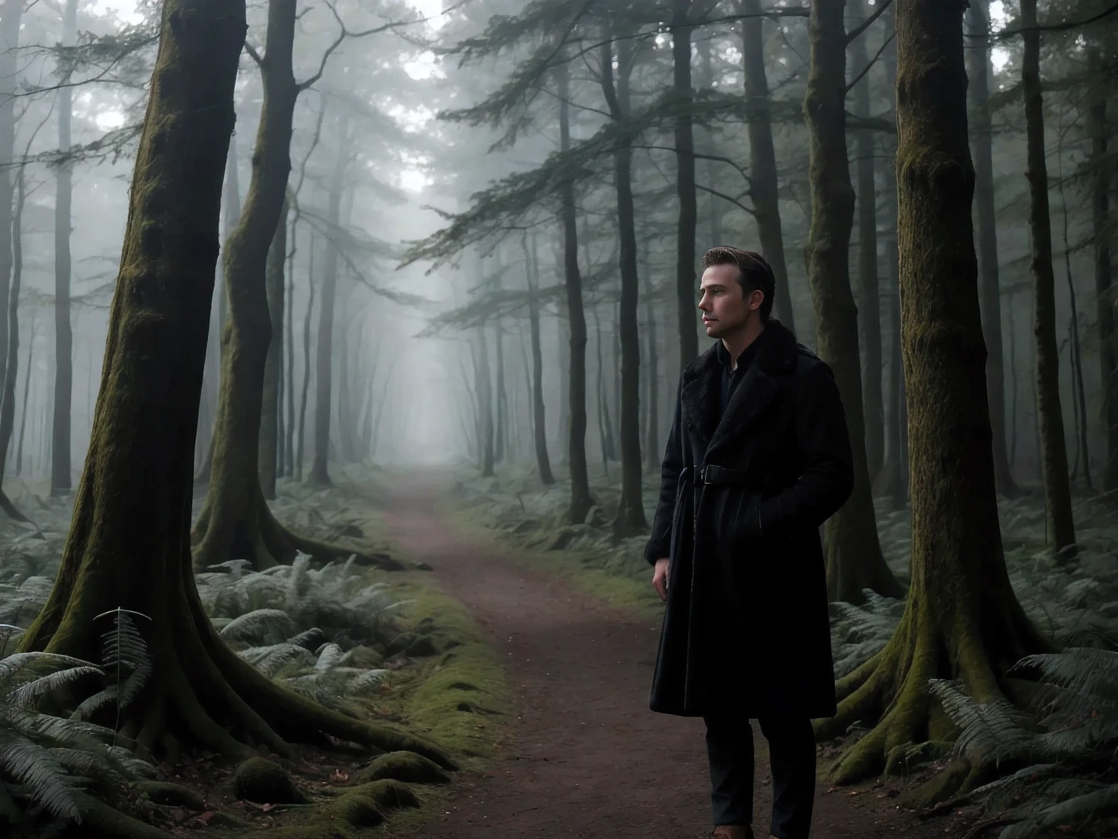 handsome man,alone,Casual wear,feather coat,Dutch corner ,Darkness Forest