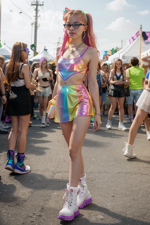 14 y.o. ginger girl,very pale skin full of freckles, glasses, in neon plastic dress and white boots walking through the festival entrance, a photo inspired by Lisa Frank, trending on cg society, pop art, bold rave outfit, y2k style, y 2 k style, cute rave outfit, neon vibes, y 2 k fashion, fun rave outfit, rave outfit, wild rave outfit, profile pic,