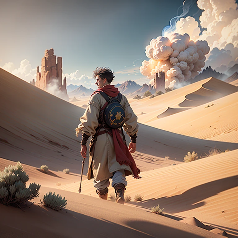 man and evil desert sand fire genie, black smoke, sand tornado, wind, steppe background and mountains in the distance, realistic image, analog colors, glowing shadows, depth of field, high detail, high resolution, Unity Technologies graphics engine
