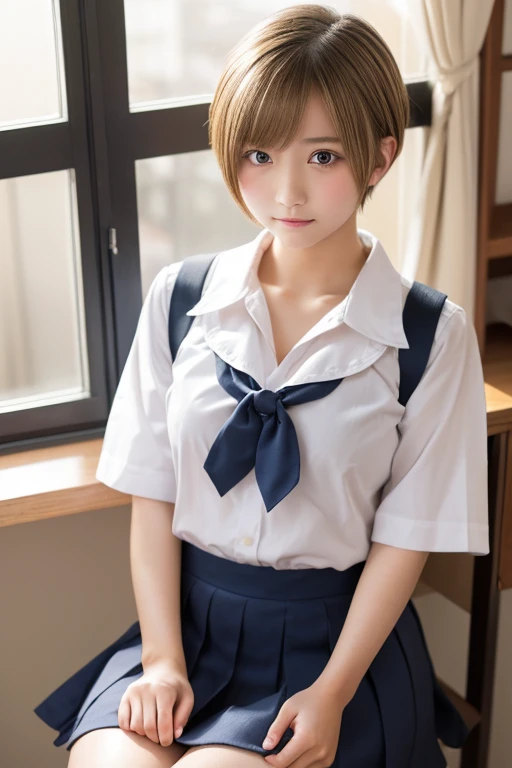 masterpiece,highest quality,High resolution,Very detailed, ((Browsing Caution))、(((Open the front of the shirt wide)))、Showing cleavage、Small breasts、((Small breasts))、I can see your thighs、Short skirt、(A cute 15 year old girl wearing a uniform sitting at a desk、Japanese、Japanese、Japanese girls uniform、Surreal、(8 Blonde pixie short hair))、Beautiful anime school girl、Cute school girl、学校のをwear、リアルなYoung Gravure Idol、wear、Young and beautiful gravure idol、Surreal 、Young Gravure Idol
