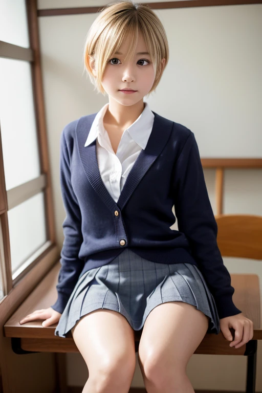 masterpiece,highest quality,High resolution,Very detailed, ((Browsing Caution))、(((Open the front of the shirt wide)))、Showing cleavage、Small breasts、((Small breasts))、I can see your thighs、Short skirt、(A cute  girl wearing a uniform sitting at a desk、Japanese、Japanese、Japanese girls uniform、Surreal、(8 Blonde pixie short hair))、Beautiful anime school girlschool girl、学校のをwear、リアルなYoung Gravure Idol、wear、Young and beautiful gravure idol、Surreal 、Young Gravure Idol