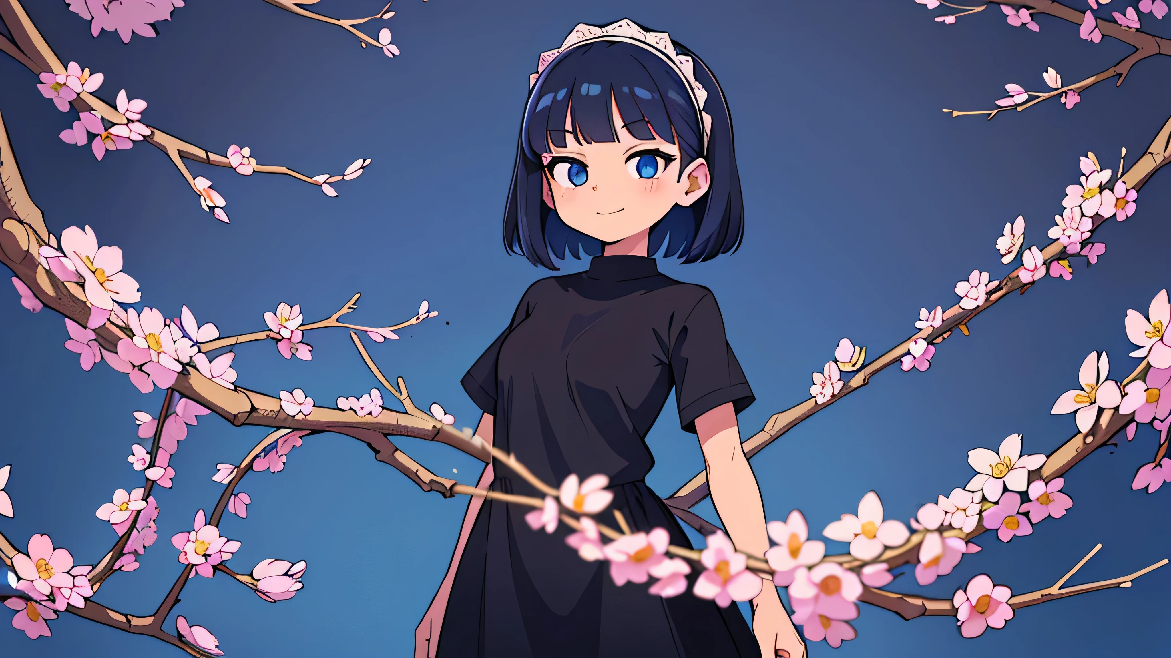 (Ultra bright color, Masterpiece, Best quality, blossom, Warm, soft light, modern, Hi-tech), 1 girl, One, standing tall, full length, maid clothes (background:1.4), black T-shirt without print, beautiful detailed face, slight smile, (blue) Medium hair, (detailed (blue) Ruby eyes), young, small breasts