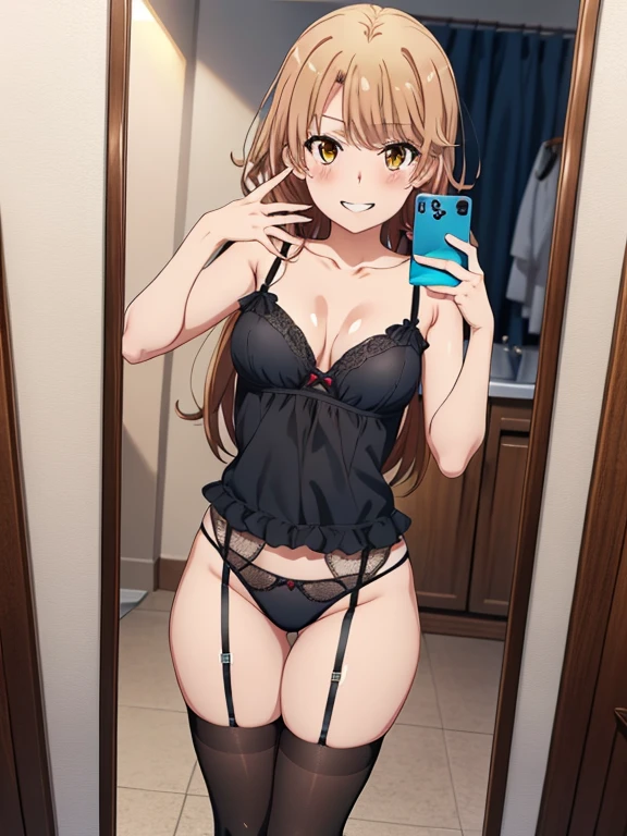 ((masutepiece, Best Quality, hight resolution, nffsw, Perfect Pixel, depth of fields, 4K, )), 1girl in, Solo, , Beautiful anime girl, Beautiful Art Style,
standing:1.3, bathroom background, Looking at viewer.
Perfect body, smile, show teeth, front facing:1.4, selfie in mirror:1.5,
isshiki iroha, long hair, medium breasts, Full face blush, black stockings, black lingerie,
straight on:1.3, medium shot