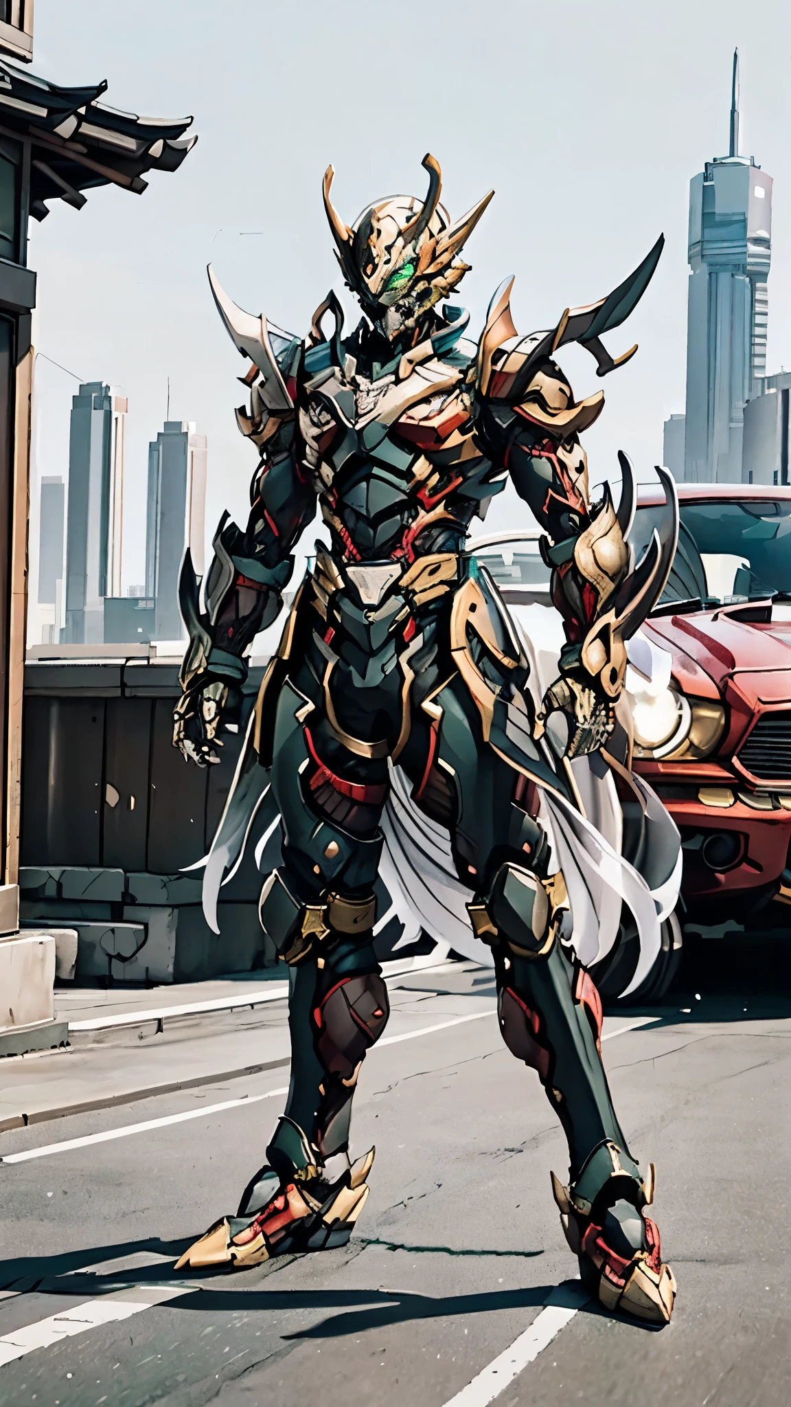 A man wearing a full-face helmet, a fantasy-style biotech armored combat suit, green eyes, (a composite layered chest armor), fully enclosed shoulder guards, matching arm and leg guards, the belt is adorned with fangs biting into gem, (the color scheme is primarily black with red accents), the design balances heavy with agility, a high-tech bio-mecha armor, (Armor Concept Inspired by Lion, stand on the top of a skyscraper in a futuristic sci-fi city), this character embodies a finely crafted fantasy-surreal style armored hero in anime style, exquisite and mature manga art style, (element, plasma, energy, the armor glows), ((male:1.5)), metallic, real texture material, dramatic, high definition, best quality, highres, ultra-detailed, ultra-fine painting, extremely delicate, professional, perfect body proportions, golden ratio, anatomically correct, symmetrical face, extremely detailed eyes and face, high quality eyes, creativity, RAW photo, UHD, 32k, Natural light, cinematic lighting, masterpiece-anatomy-perfect, masterpiece:1.5