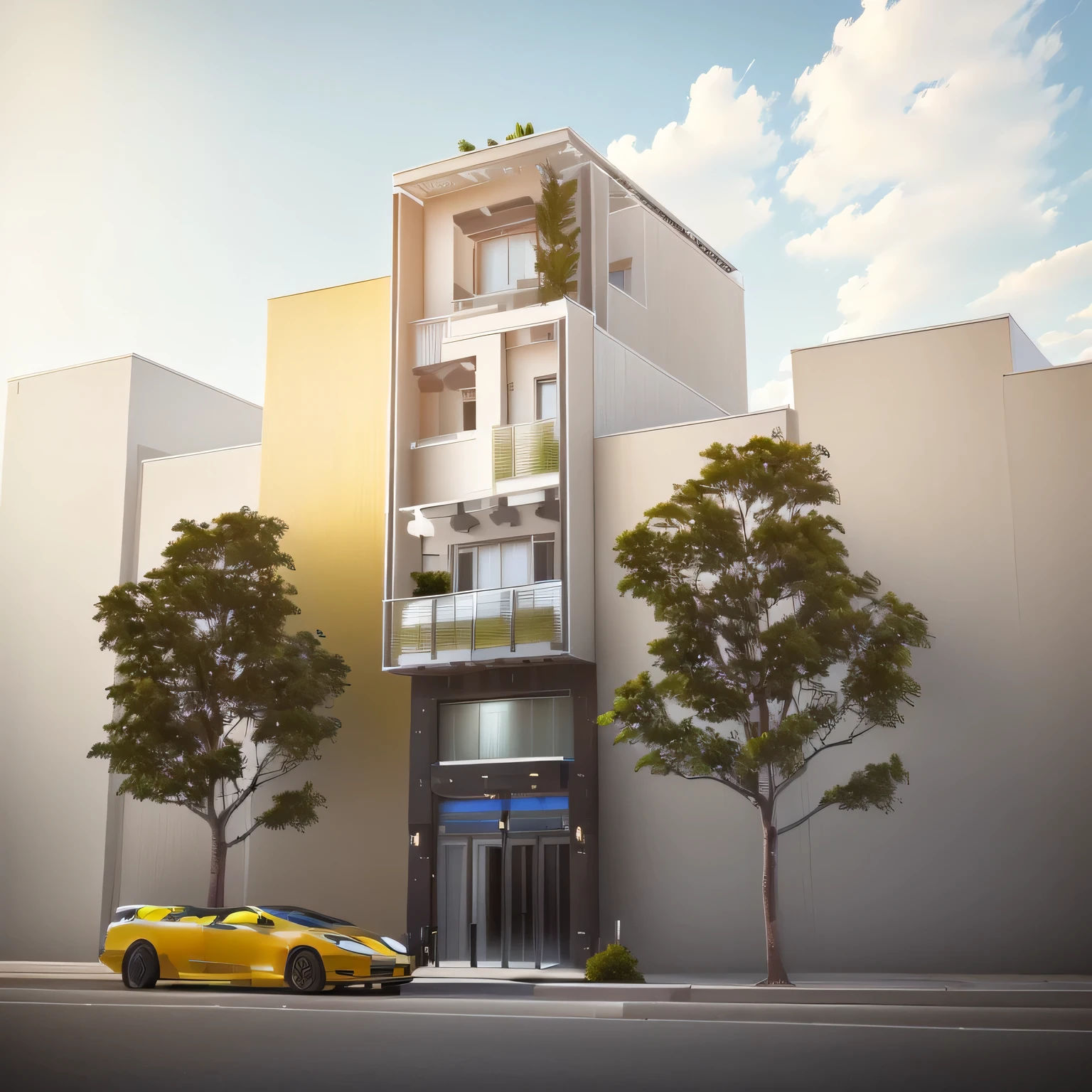 rendering of a building with a clock tower and a yellow car, modern lush condo as shopfront, conceptual, street elevation, detailed rendering, front elevation view, conceptual rendering, mid-view, building facing, 3/4 view from below, from street level, elevation view, architectural concept, frontview, street level view, front-view, residential