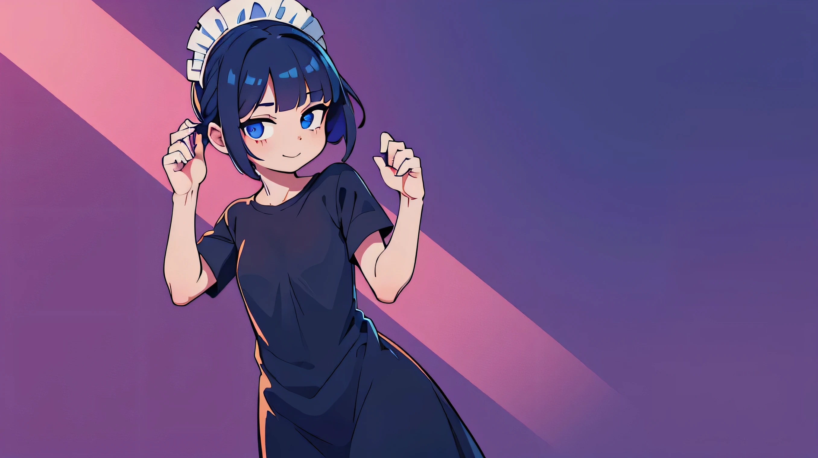 (Ultra bright color, Masterpiece, Best quality, blossom, Warm, soft light, modern, Hi-tech), 1 girl, One, standing tall, full length, maid clothes (background:1.4), black T-shirt without print, beautiful detailed face, slight smile, (blue) Medium hair, (detailed (blue) Ruby eyes), young, small breasts