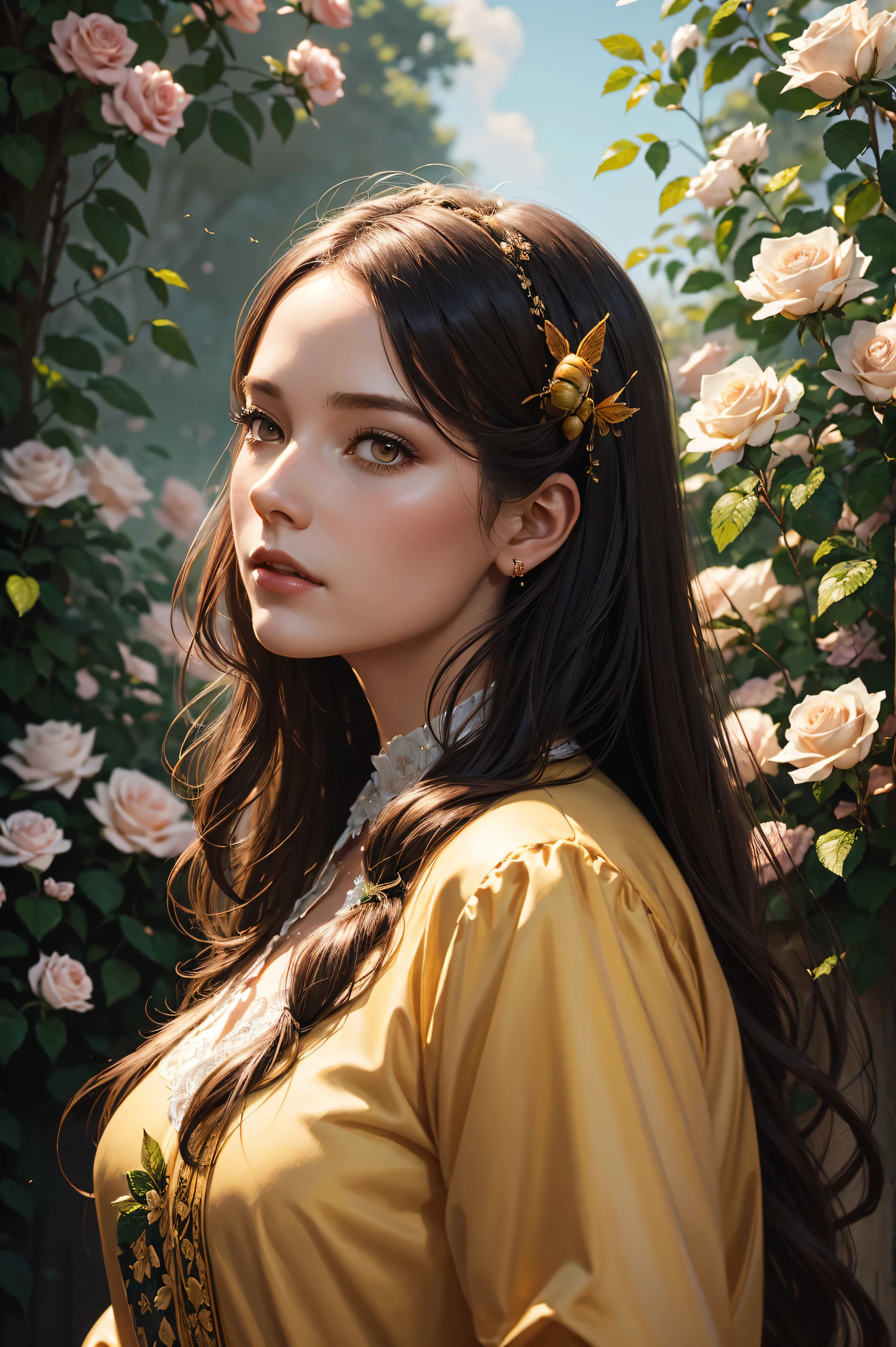 portrait Rose Williams wearing bee costume, against the background of the garden, character portrait, 3 9 9 0 s, long hair, intricate, elegant, highly detailed, digital painting, artstation, concept art, smooth, sharp focus, illustration, art by wlop, charlie bowater and alexandra fomina
