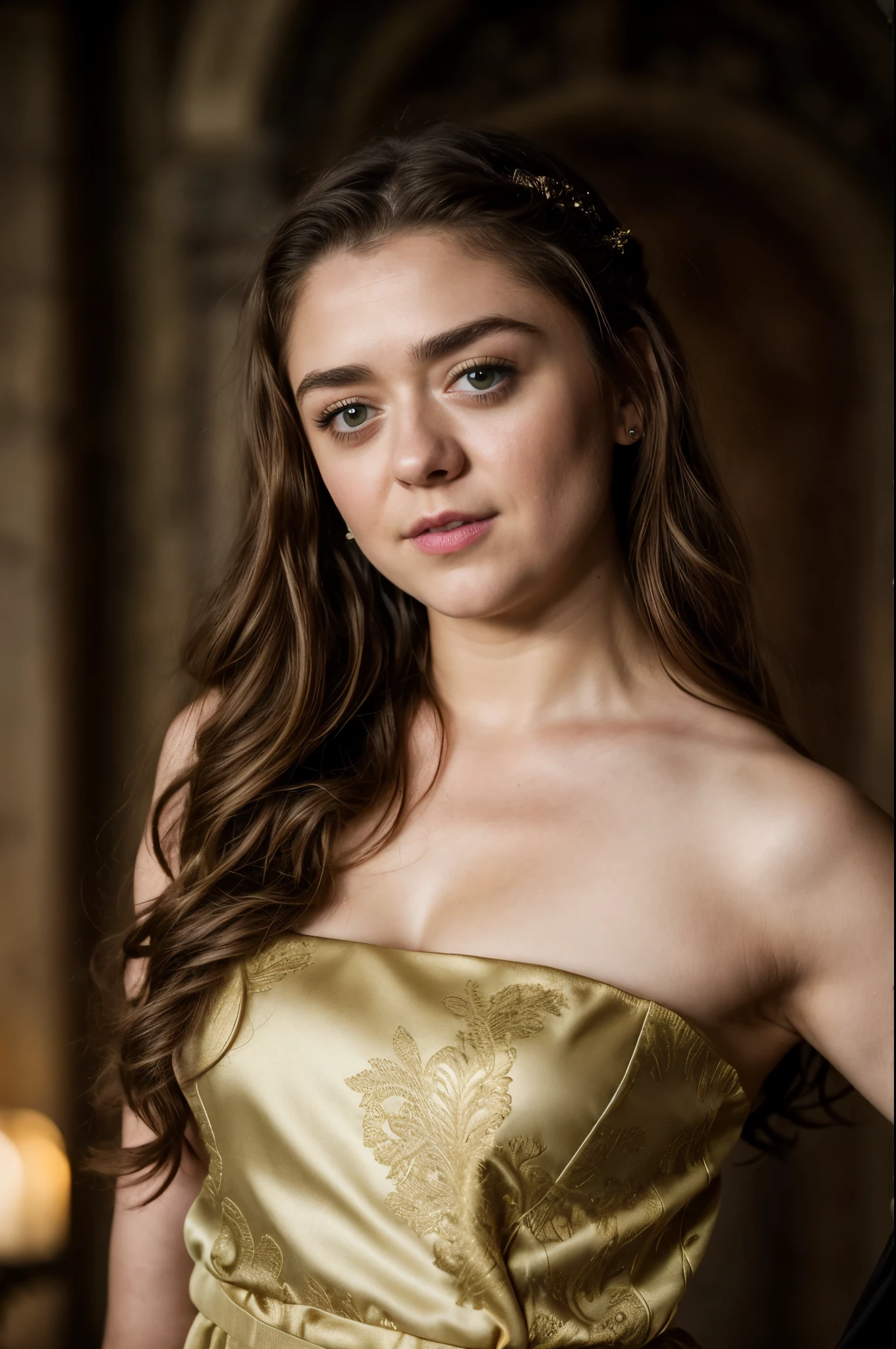 Foto RAW, Arya Stark, Stunning Beauty, Ravishing, Enchantress, Extremely gorgeous lady, Arya Stark PLAYED BY MAISIE WILLIAMS, Queen Arya Stark, she  a mature woman now, milf, sexy mediaeval battle dress, gladiator woman, body, 40 years old Woman, Roman slave dress, cotton dress, busty mediaeval costumes, body revealing costumes, perky breast, big natural breast, erotic costumes, lusty physique, seductive figure can capture every people's attention, Game of thrones costumes, revealing captivating figure, Mediaeval costumes, revealing clothes, A tomboy, she would rather fence than dance, warrior queen , game of thrones screen caps, Game of Thrones Series, (pele altamente detalhada: 1.2), 8k UHD, DSLR, soft-lighting, alta qualidade, grain of film, Fujifilm XT3, flawless picture, highly detailed, detailed Beauty, intricate, 32k, sharp picture,