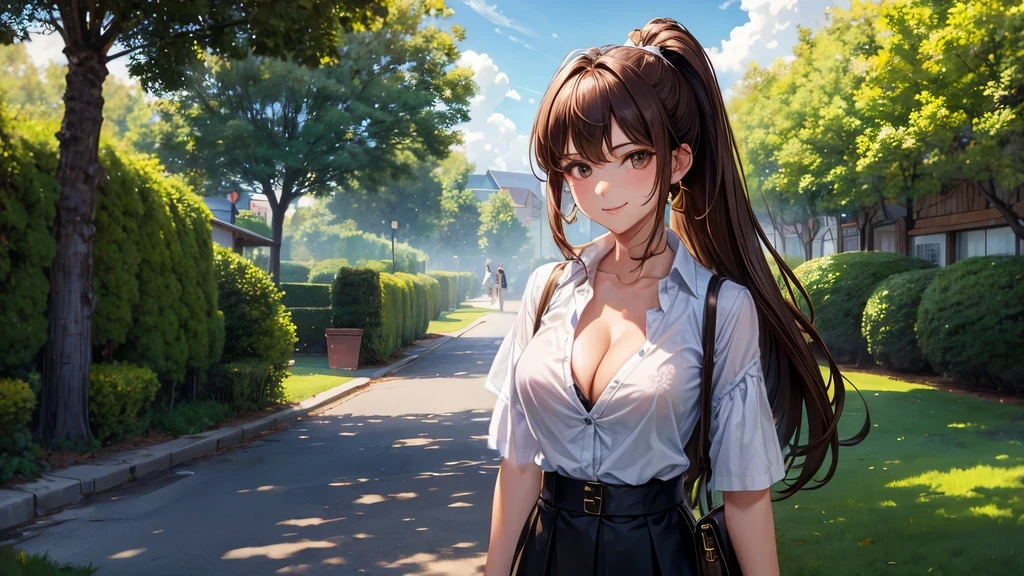 1girl, full body, solo, summer, village, trees, sun, clouds, ((brown hair)), ponytail, large breasts, ((black blazer)), button down shirt, ((blue floral pattern shirt)), ((short sleeved shirt)), ((unbuttoned shirt)), unbuttoning buttons, cleavage 1:3, brown eyes, skirt, smile, looking at the viewer, standing, hair ribbon, golden necklate, shoulder bag