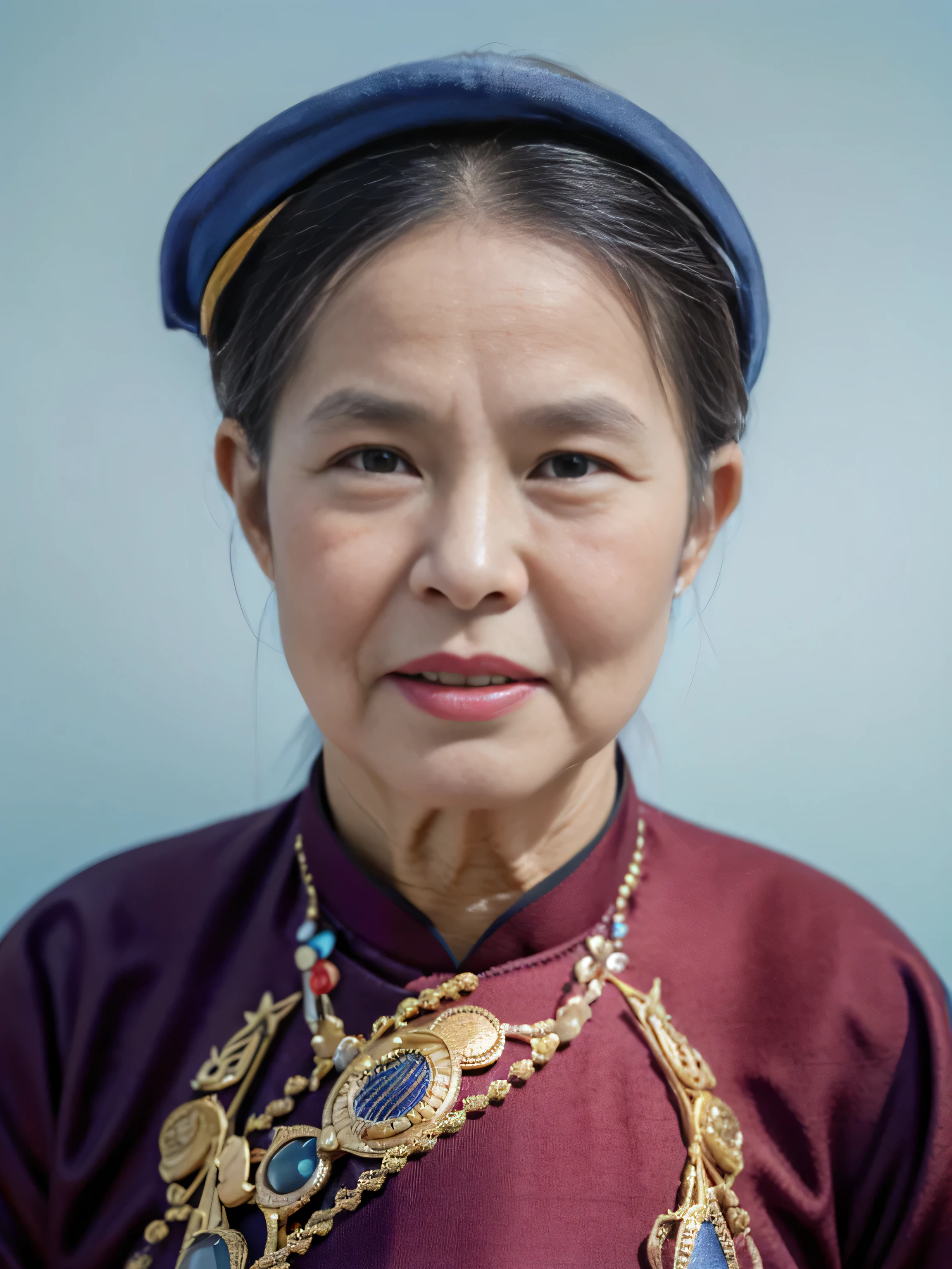 Highly realistic photo, ((masterpiece), (best quality), (raw photo), (photorealistic:1.4), The photo has a picture of a 90-year-old Vietnamese person wearing traditional costumes. They are wearing a black headscarf or headdress with a distinctive circular ornament. The individual has a calm expression, and their clothing includes a red garment, possibly a robe or tunic,((wearing vietnamese aodai)), ((blue background:1.4)) , photo taken by Sony A7IV